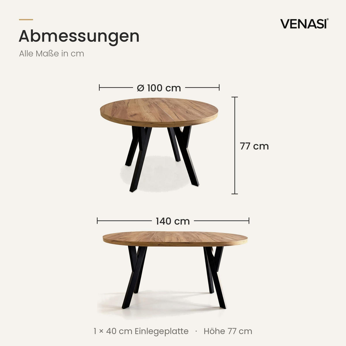 ESSTISCH ausziehbar rund 100-140 cm ATO Craft, Auszugstisch mit Einlegeplatte - Schwarz/Braun, Holzwerkstoff (100/100/77cm) - VENASI MÖBEL