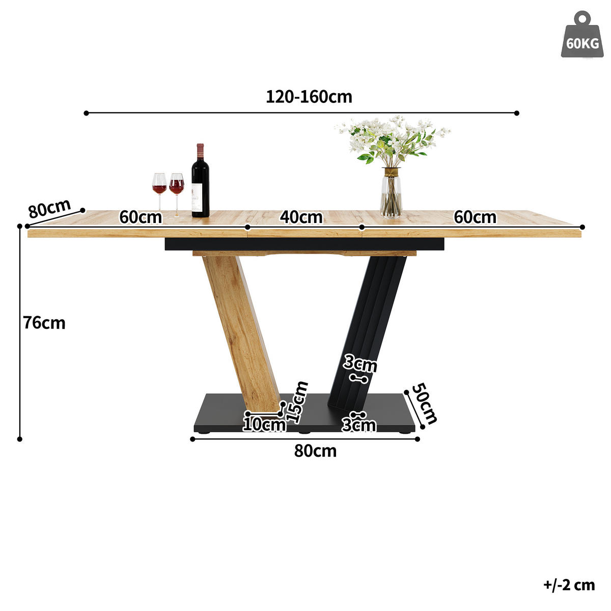 AUSZIEHTISCH Holzoptik 120-160/80/76 cm - Naturfarben, Holz (80/120/76cm) - PANGIVO