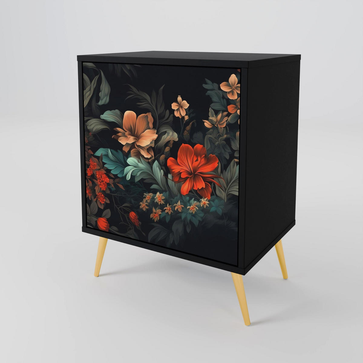 SIDEBOARD IMAGINARY BLOSSOM, Schwarz, 57,5x42x67,5 cm, Schwarze Metall-Rahmenfüße - Multicolor/Schwarz, Holzwerkstoff/Metall (57.5/67.5/42cm) - SpaceRebels