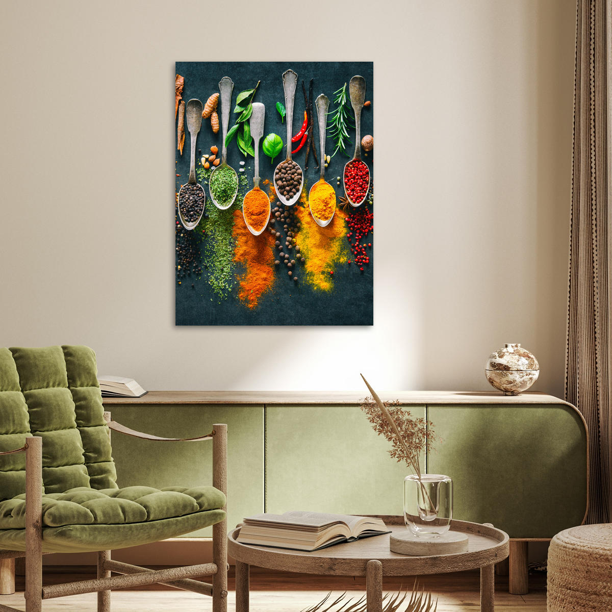 POSTER Kräuter - Gewürze - Löffel 60x80 cm - Currygelb, Papier (60/80/0.1cm) - MuchoWow