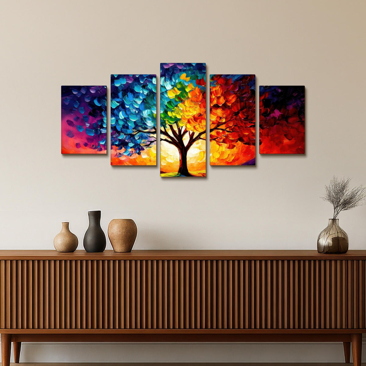 LEINWANDBILD 5er Set Baum - Farbenfroh - Malerei-Look - Abstrakt 100x50 cm - Multicolor, Textil (100/50cm) - MuchoWow