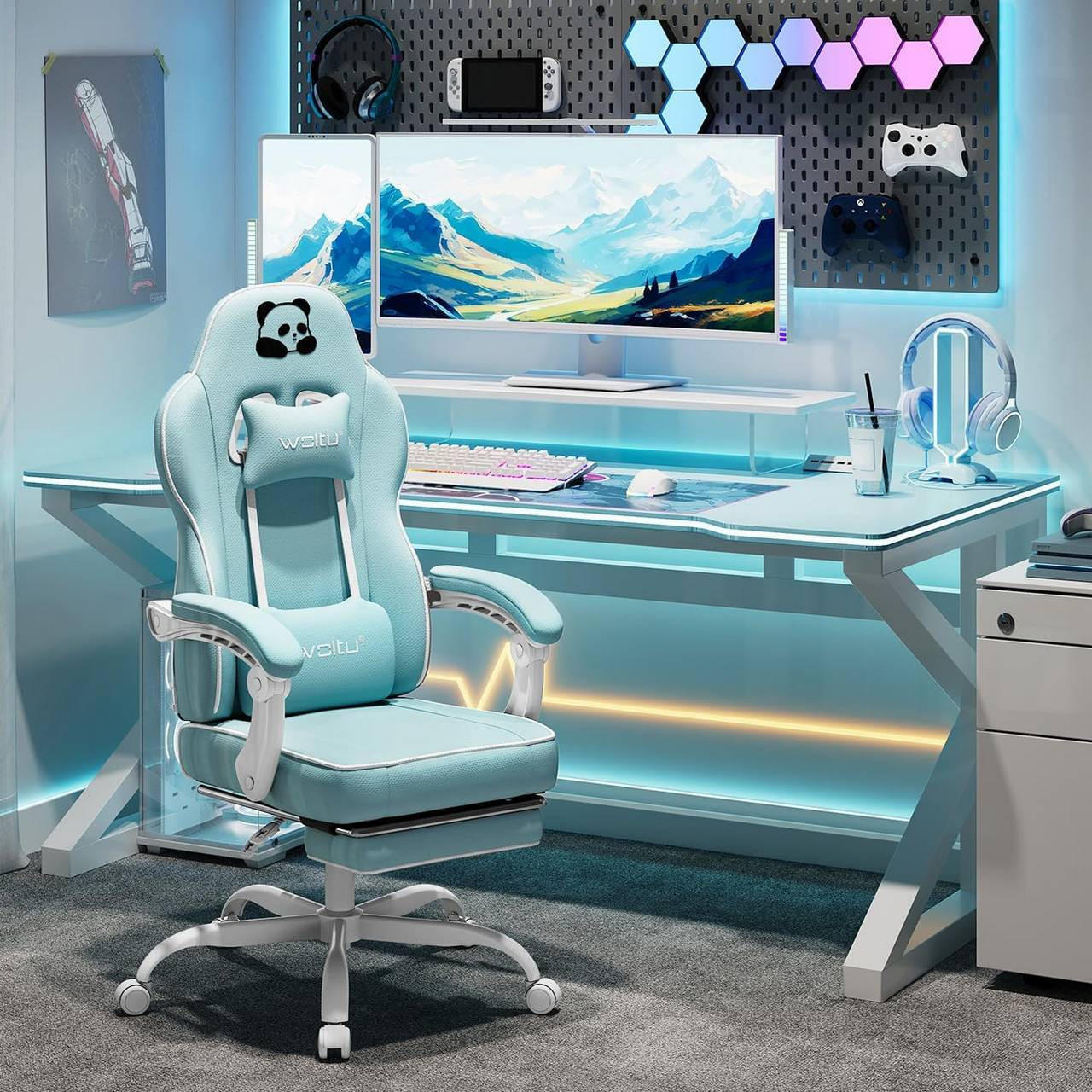 GAMINGSTUHL mit Taschenfederkissen, Netzstoff, Hellblau - Weiß/Hellblau, Textil/Metall (70/125.5/70cm) - Woltu