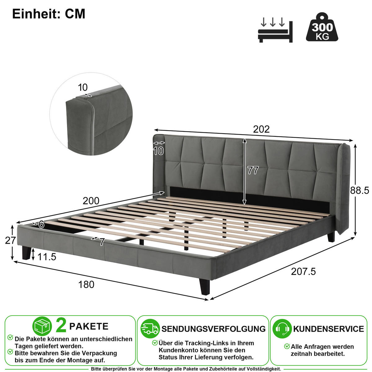 POLSTERBETT 180/200 cm in Grau Samt mit Lattenrost und Gepolstertem Kopfteil - Grau, Holzwerkstoff/Textil (180/200cm) - CHICFURN