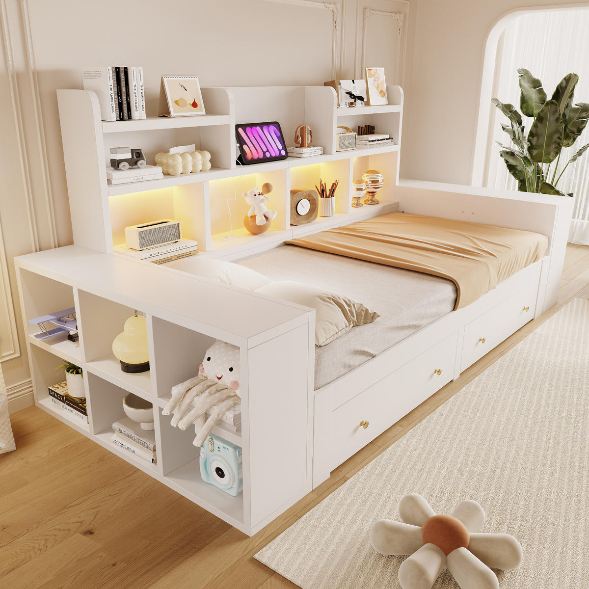 AUSZIEHBETT 90/180/200 cm mit Ablagefächern und Schubladen, DE-41646, in Weiß - Weiß, Holzwerkstoff (90/200cm) - ComfortXL