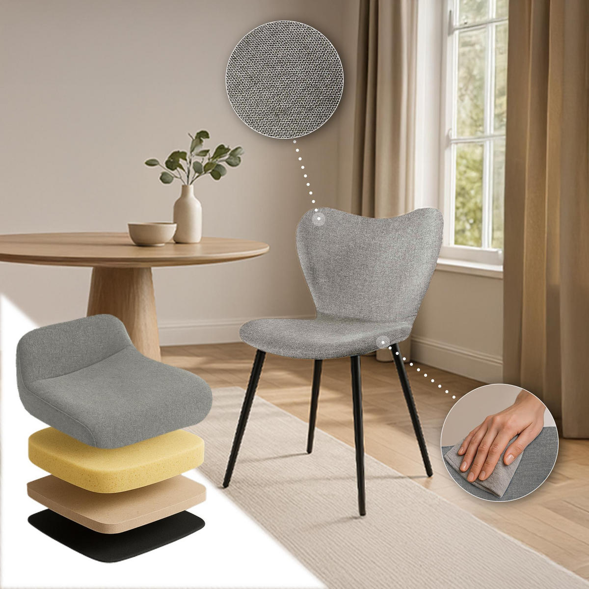 ESSZIMMERSTUHL Stoff Grau - Schwarz/Grau, Textil/Metall (50/80/58cm) - CLP