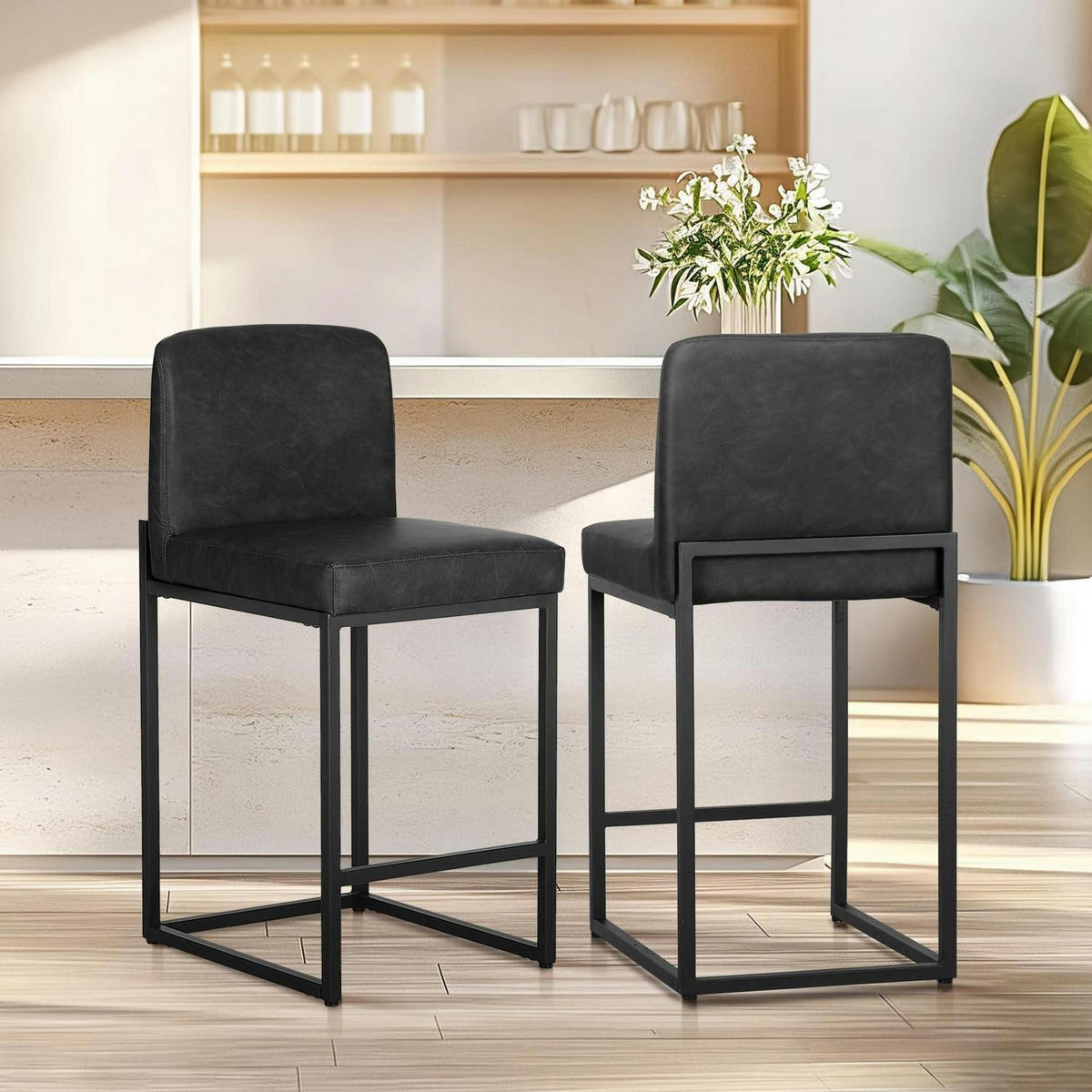 BARHOCKER 2er Set mit Lehne PU-Leder Schwarz - Schwarz, Metall (52.5/87/41cm)