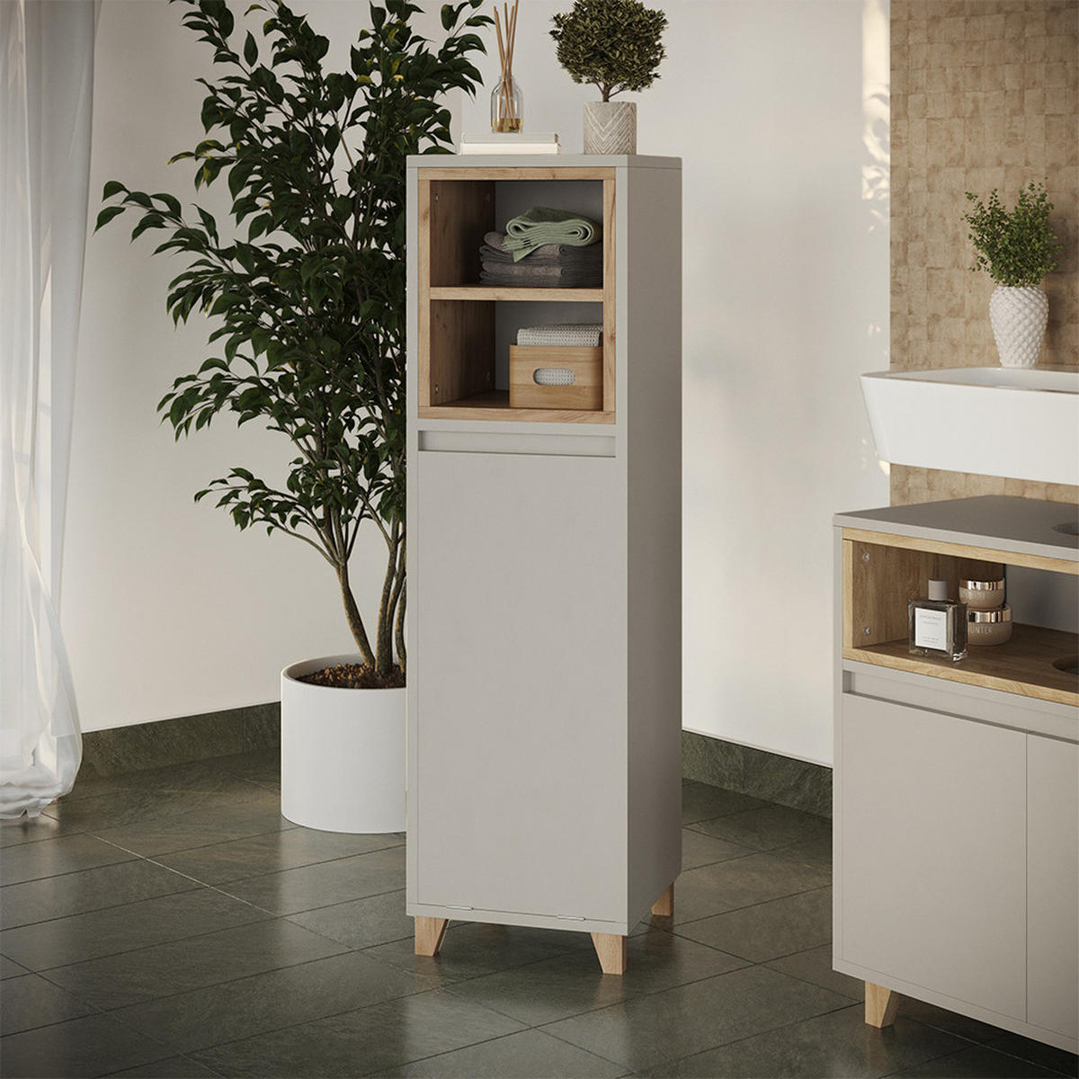 MIDISCHRANK Elnor Greige/Eiche 30 x 105.2 cm mit ausklappbarem Wäschebehälter - Greige/Eichefarben, Holzwerkstoff (30/105.2/30cm) - Vicco