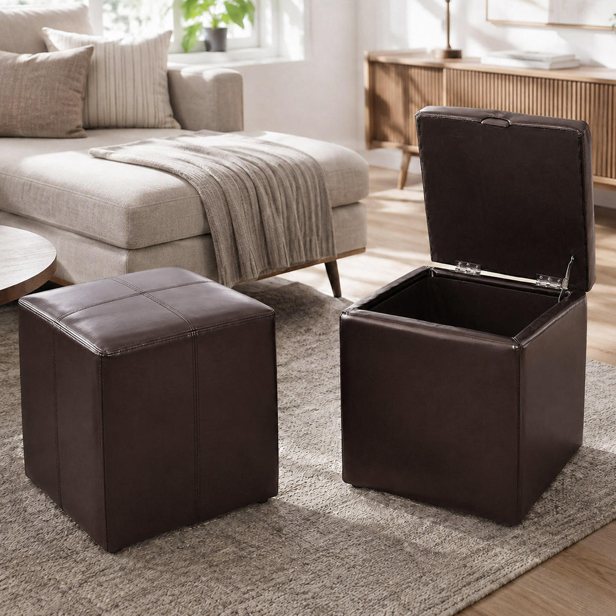 SITZHOCKER Braun 2er-Set - Braun, Leder (44/45/44cm) - MCW