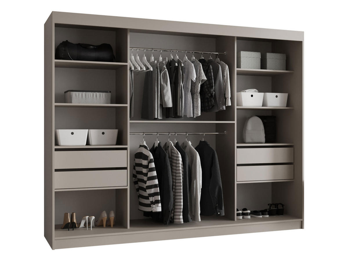 SCHWEBETÜRENSCHRANK Bahrajn 250 mit Schubladen und LED - Kaschmir/Silberfarben, Holzwerkstoff/Kunststoff (250/200/62cm) - MIRJAN24