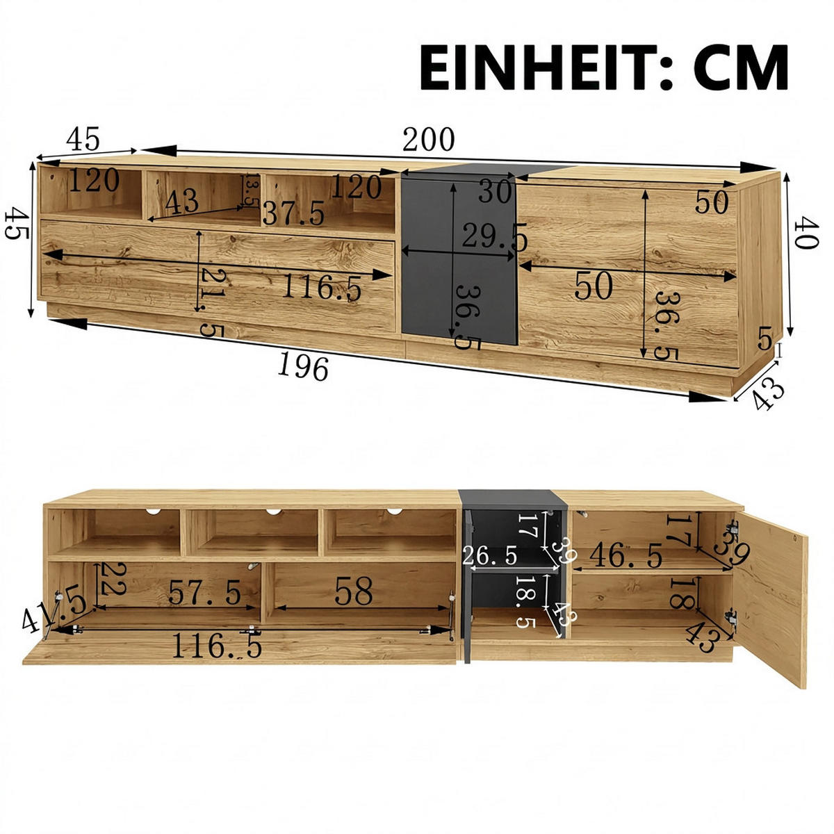 TV-SCHRANK 200/45/45 cm Schwarzgrau Holz mit 3 Türen und Kabeldurchlass - Grau, Holzwerkstoff (200/45/45cm) - Oxeza