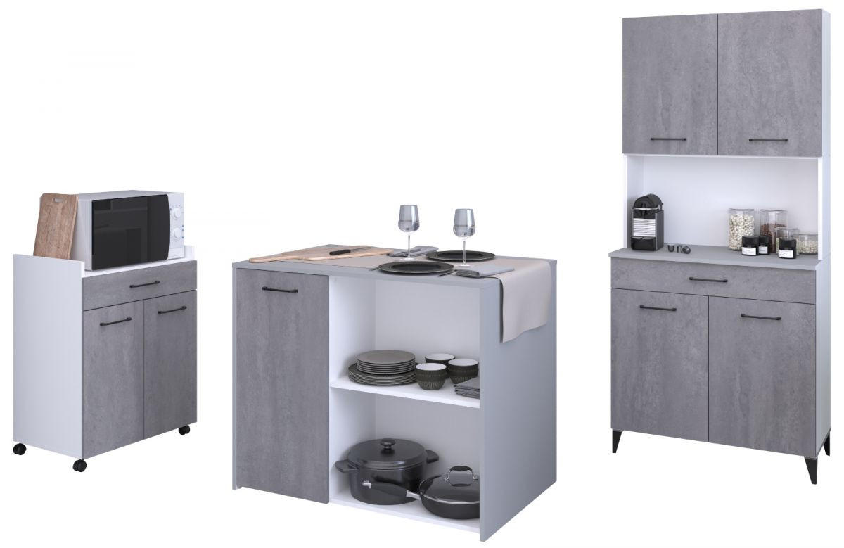 MINIKÜCHE grau, weiß, Komplett-Set 3-teilig mit Buffet, Kücheninsel, Mehrzweckschrank - Weiß/Grau, Holzwerkstoff (243/180/65cm) - Parisot Meuble