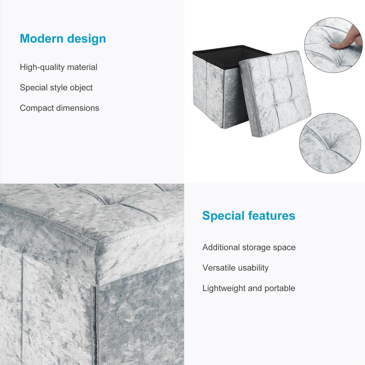 SITZHOCKER Faltbar mit Samtbezug 38/38/38 cm (Blau) - Blau, Karton (38/38/38cm) - Intirilife