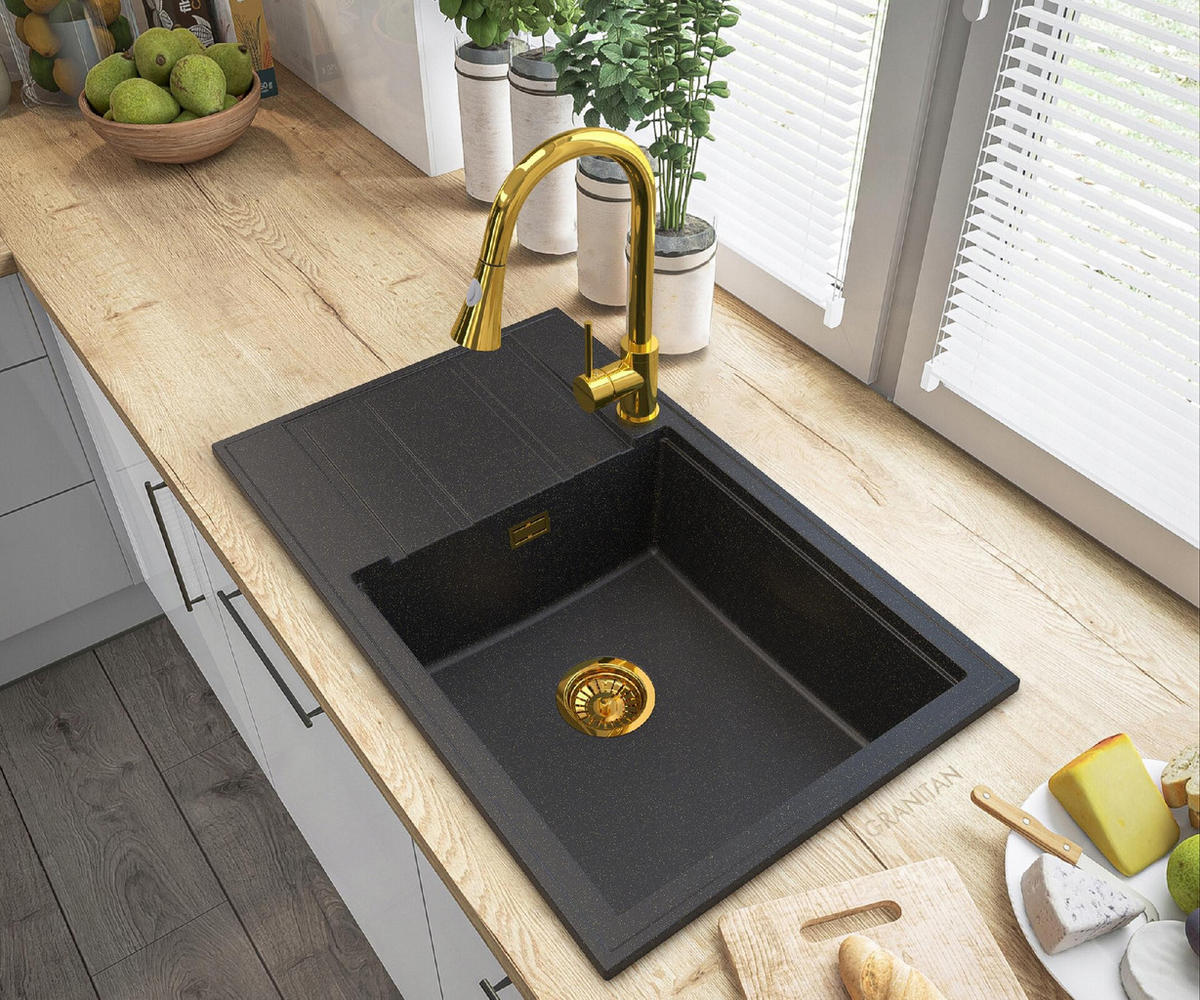 GRANITSPÜLE Louis mit Siphon Batterie - Schwarz, Kunststoff/Stein (80/50/20cm) - Granitan