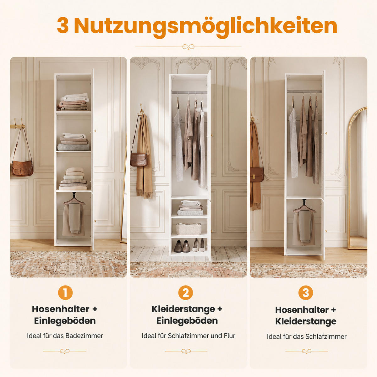 KLEIDERSCHRANK Weiß 3 Lamellentüren 3 Schubladen 2 Kleiderstangen Hosenhalter - Weiß, Holzwerkstoff (135/200/50cm) - Urban Meuble