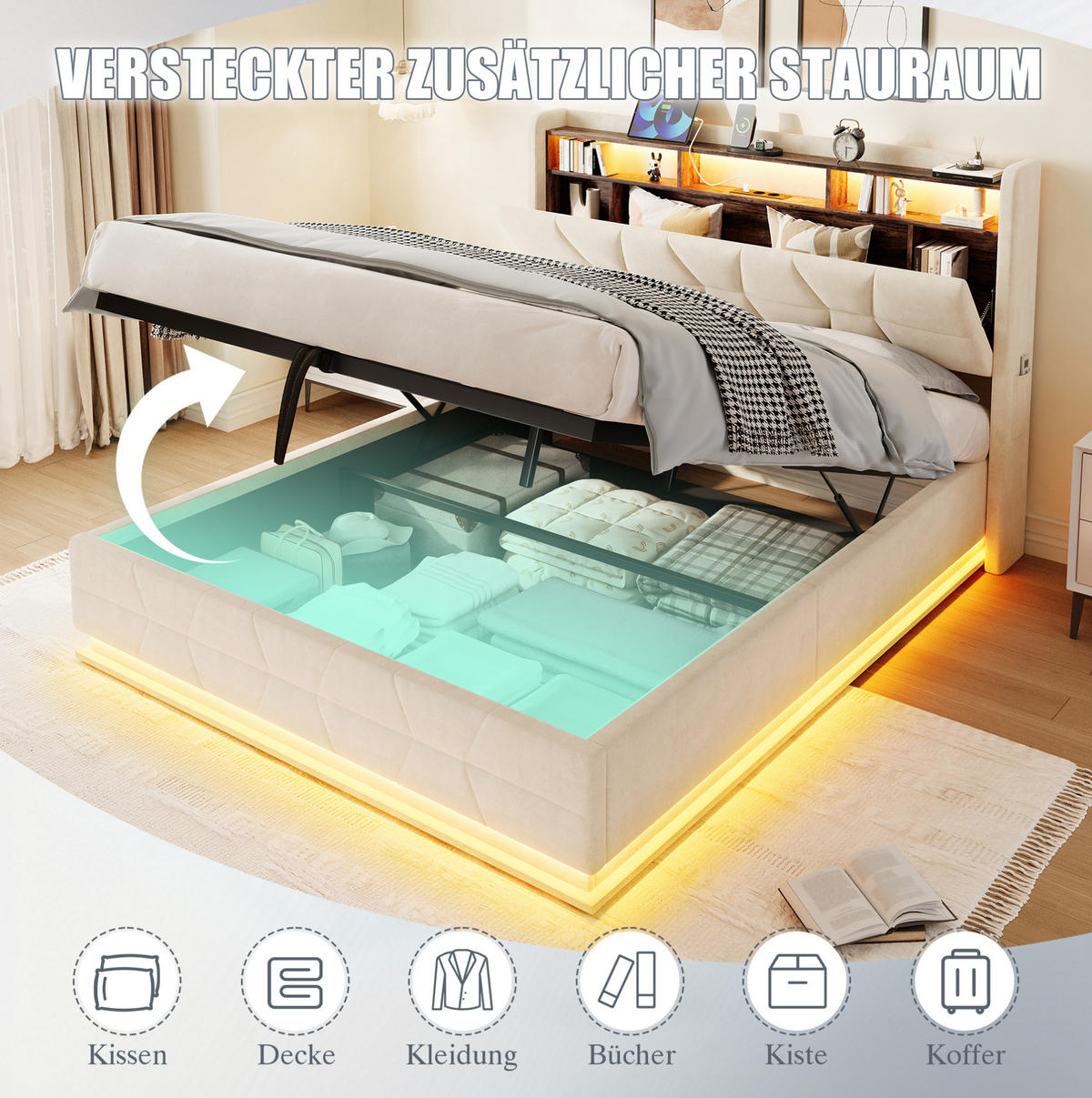 POLSTERBETT aus Velours 160 x 200 cm in Beige mit LED-Beleuchtung & USB/Type-C - Beige, Textil (160/200cm) - Modfu