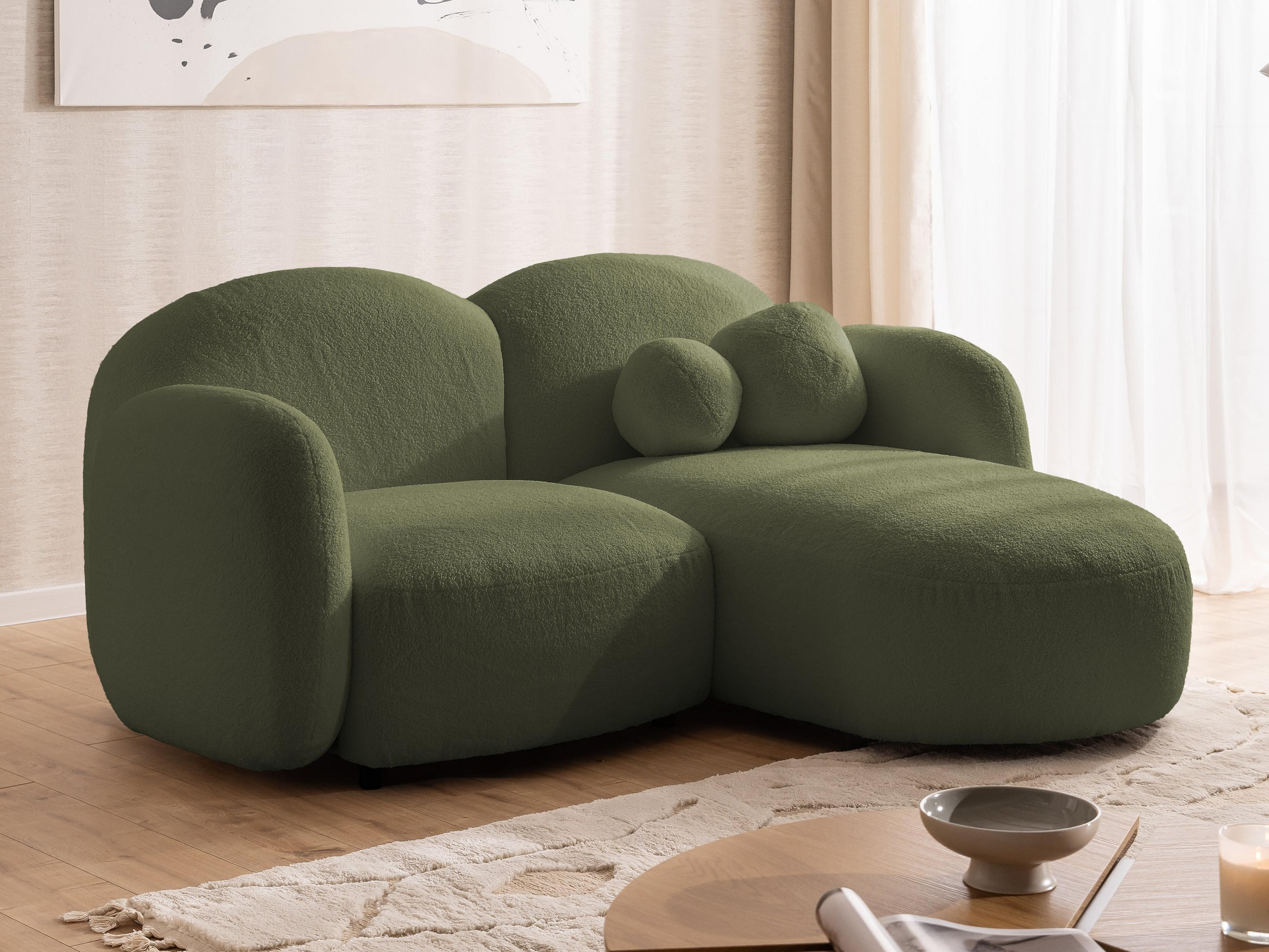 ECKSOFA Nuvola mit abgerundetem Design Grün Bouclé-Stoff - Ottomane Rechts - Schwarz/Grün, Holz/Kunststoff (190/146cm) - S-Style Möbel