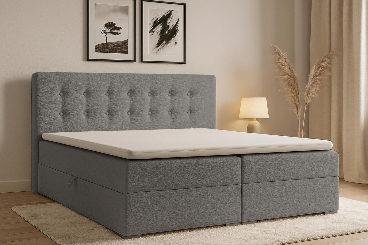 BOXBETT CYNTHIA LUX 140/200 in Boucle Grau H3 - Grau, Holzwerkstoff (140/200cm) - Deine Möbel 24