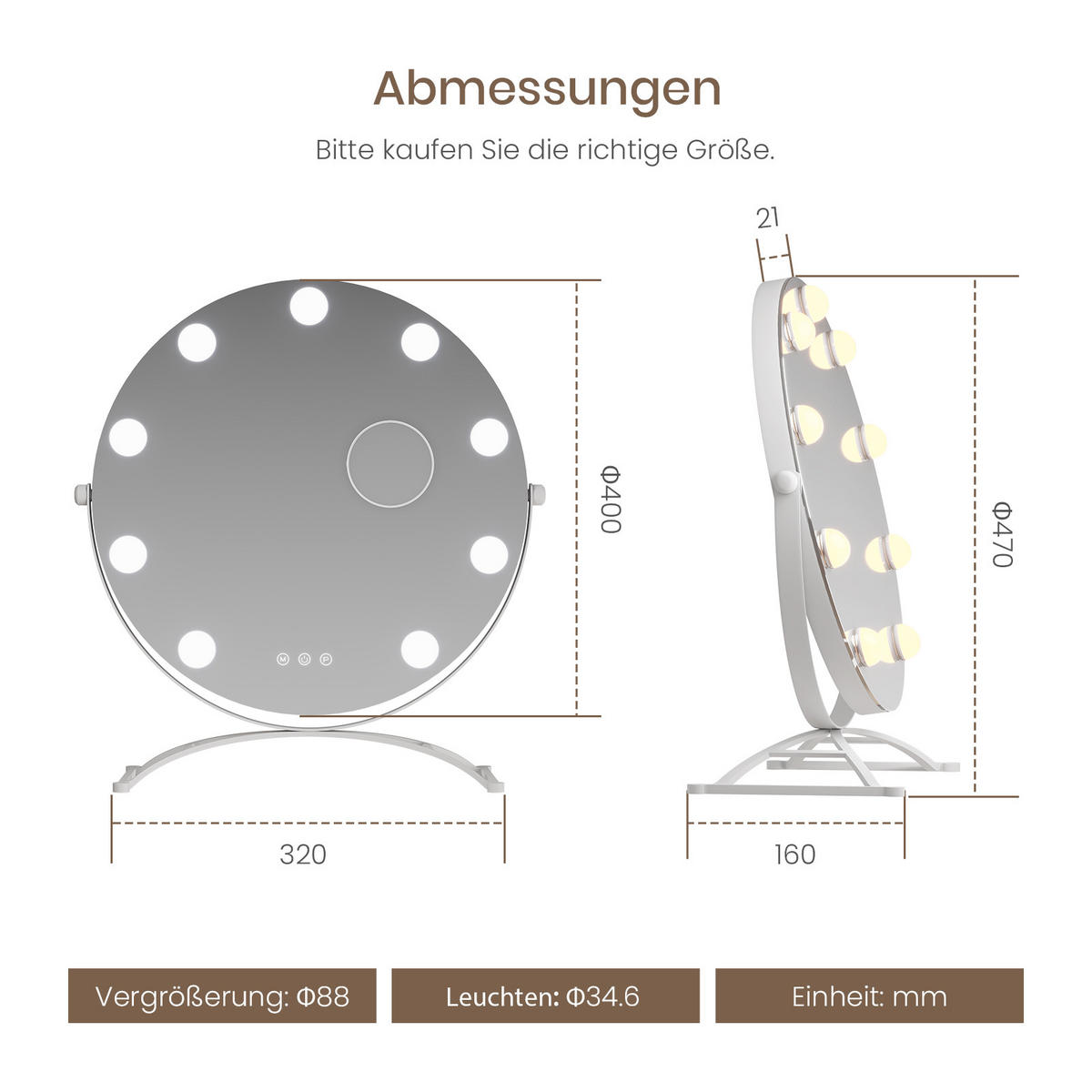 KOSMETIKSPIEGEL Rund mit Beleuchtung, Weiß, Ø40 cm - Weiß, Glas (40/16/40cm) - EMKE
