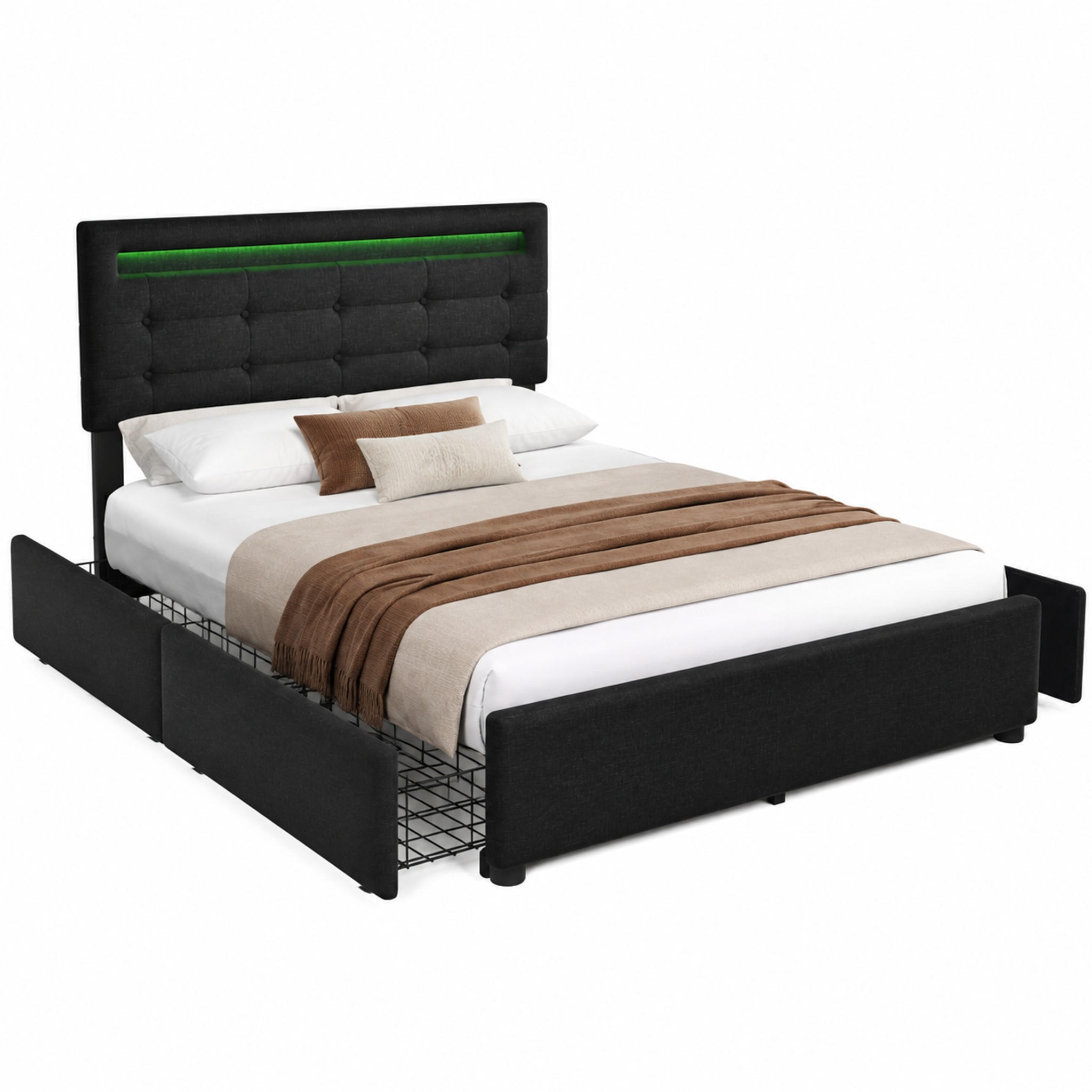 BETT mit LED und 4 Schubladen 140x200 cm Leinen Schwarz inkl. Matratze - Schwarz, Metall (140/200cm) - Meubliv
