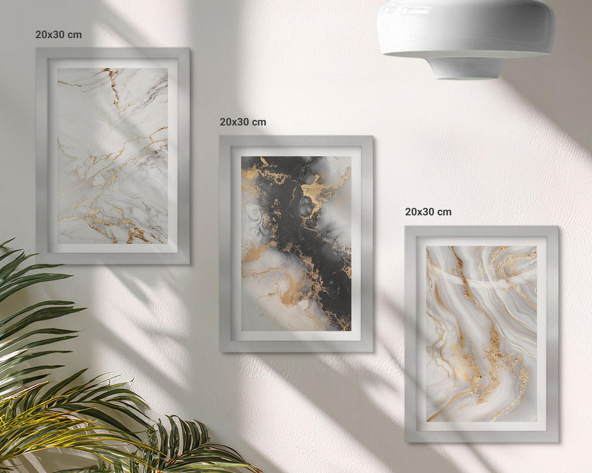 WANDBILDER 3er Set - 20x30 cm Silberner Rahmen - Abstrakte weiß-schwarze Muster - Silberfarben, Kunststoff (20/30cm) - ArtPrintCave