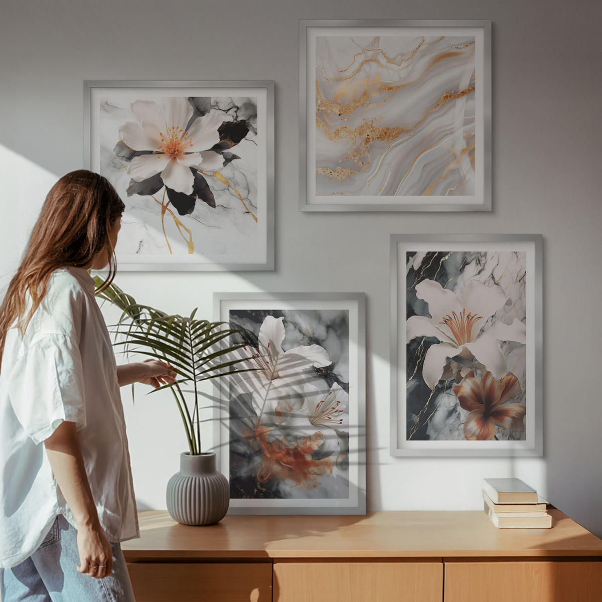 WANDBILDER 4er Set - 50x50 cm & 40x60 cm Silberner Rahmen - Blumen Marmor weiß schwarz - Silberfarben, Kunststoff (50/50cm) - ArtPrintCave