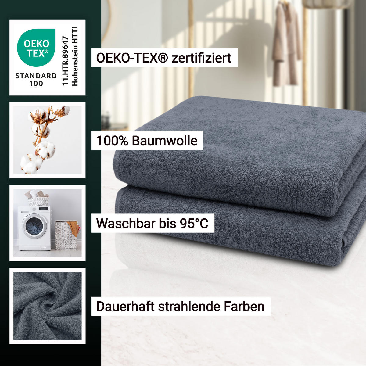 BADETUCH, 2er-Set, 100x150 cm, 100% Baumwolle, Schwarz - Grau, Textil (100/150cm) - Zollner