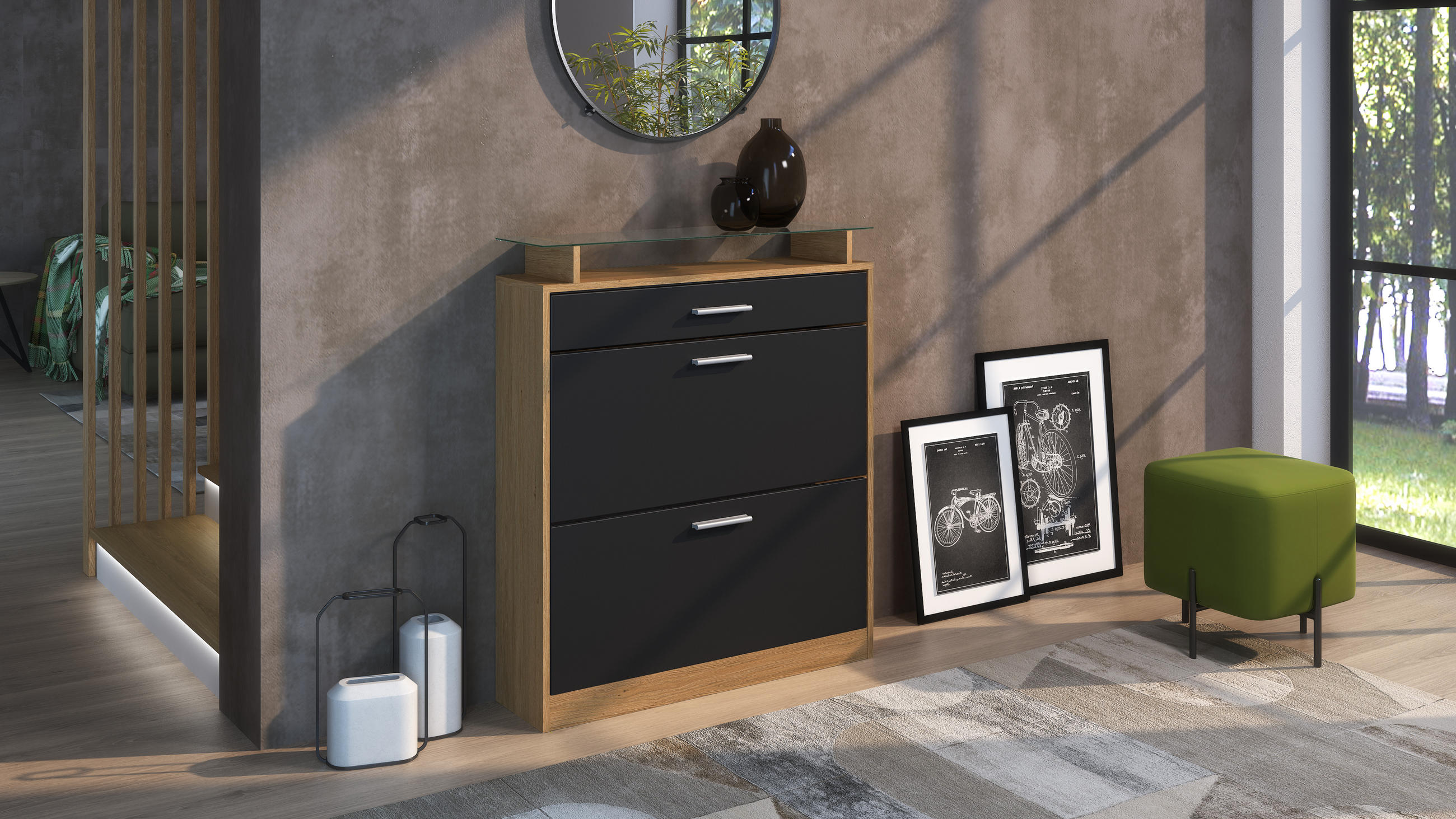 SCHUHSCHRANK Loret Schwarz matt - Schwarz, Holzwerkstoff (89/104/23cm) - Vladon
