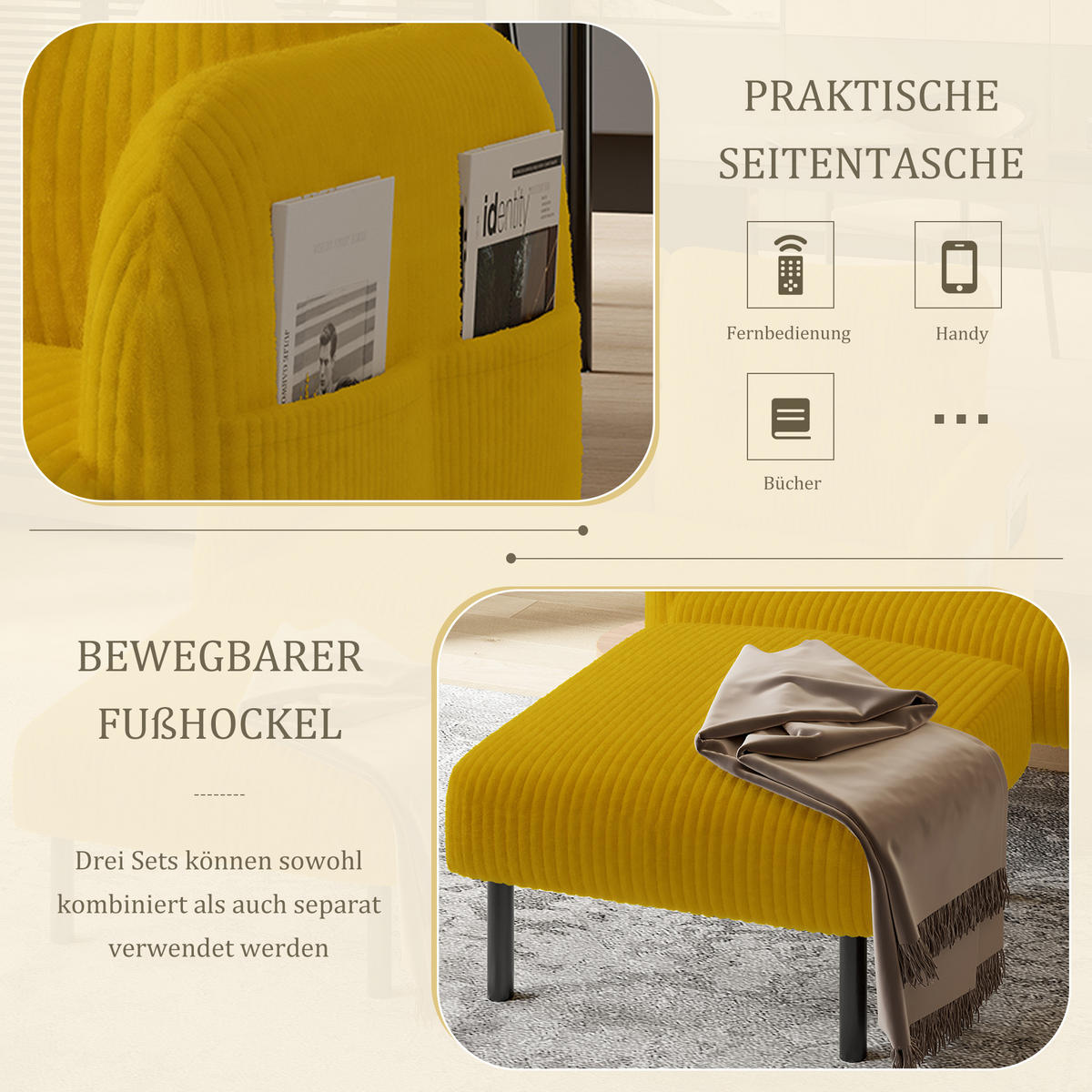 2-SITZER-SOFA Stoffcouch mit Seitentaschen,Cord,Gelb - Gelb, Textil (120/79/75cm) - LVHOM