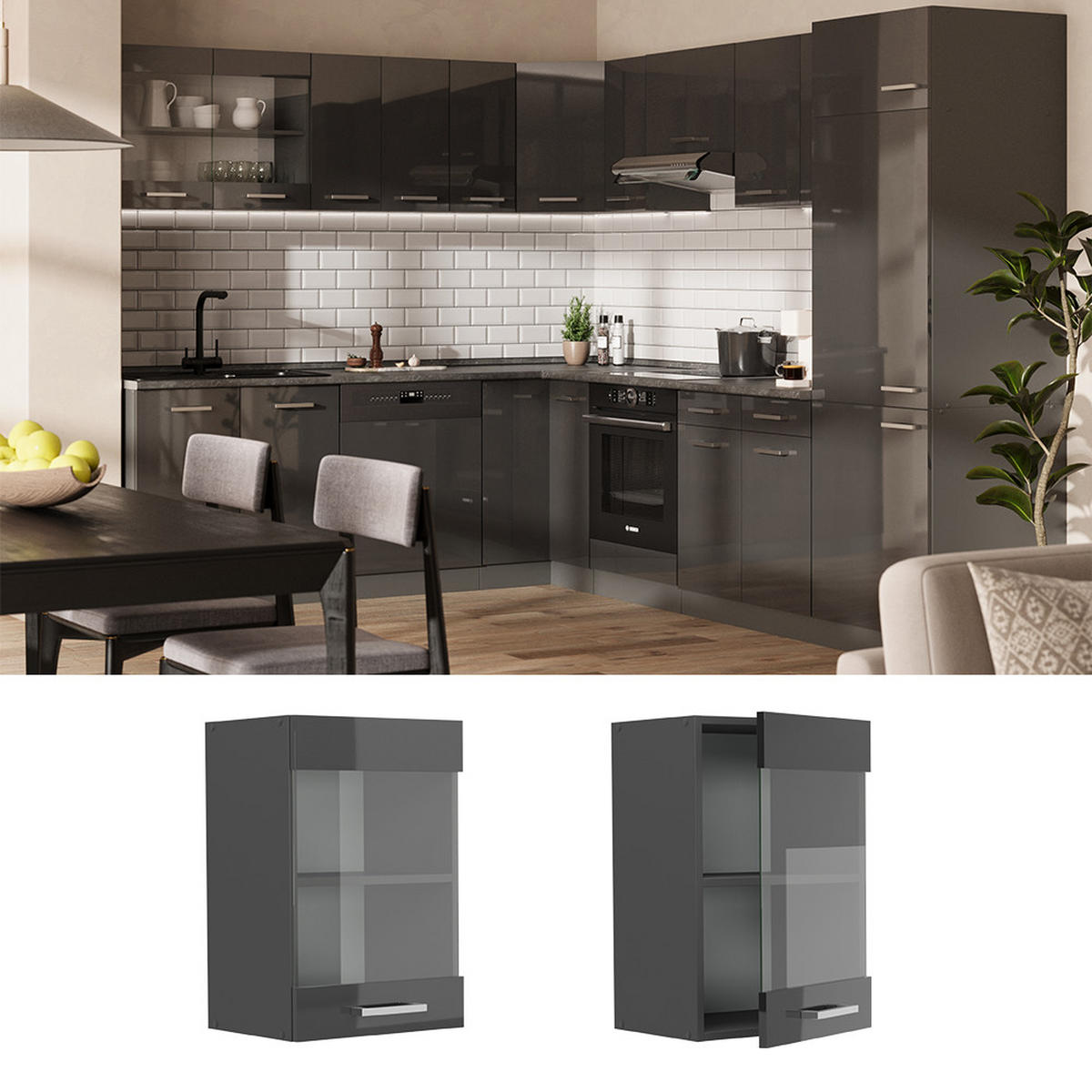 KÜCHENGLASHÄNGESCHRANK R-Line Anthrazit Hochglanz 40 cm - Schwarz Hochglanz/Anthrazit, Holzwerkstoff (40/60/31cm) - Vicco