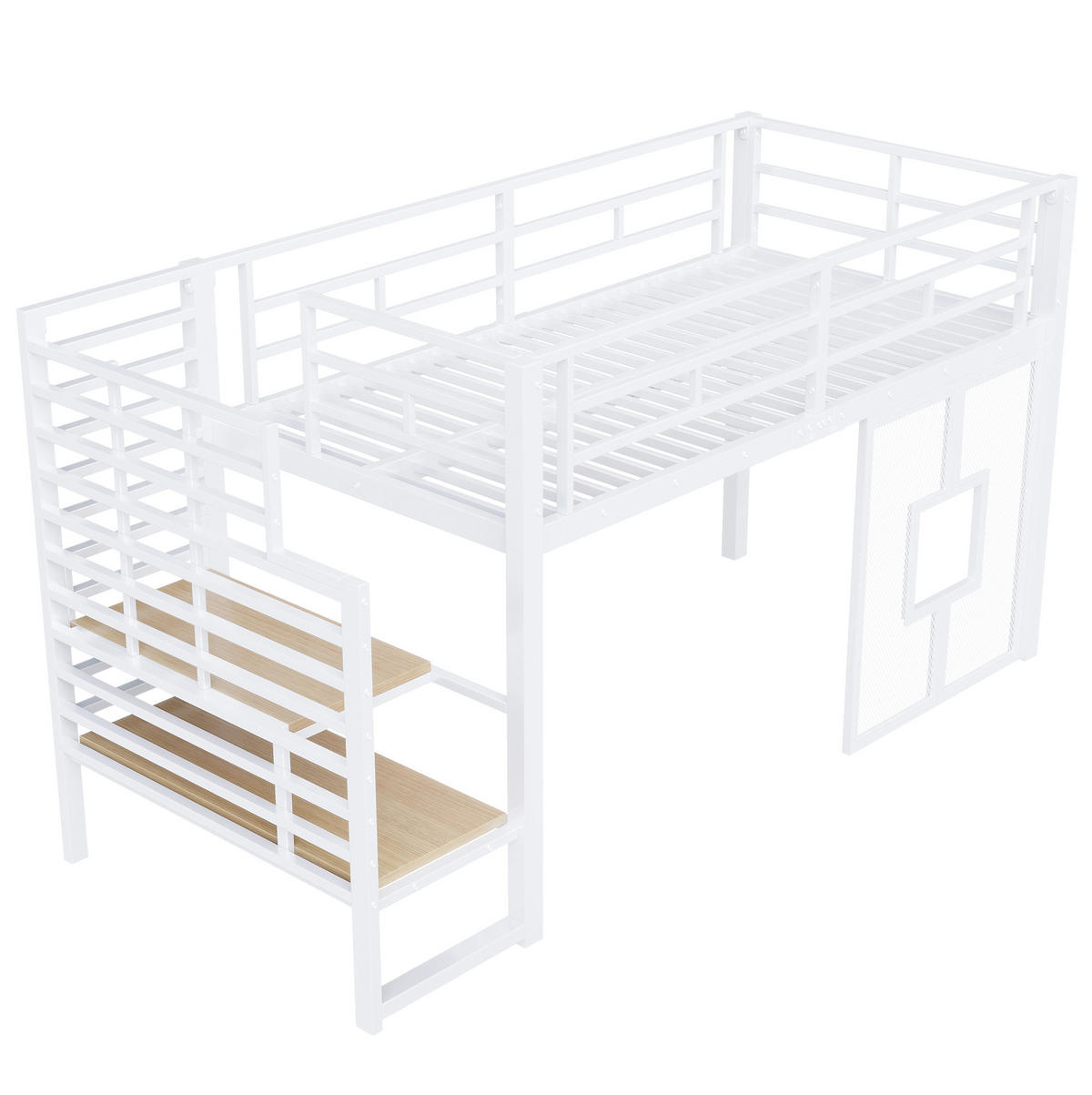 HOCHBETT 90x200 cm in Weiß mit Stauraumtreppe, LED-Beleuchtung und Fenstern - Weiß, Metall (90/200cm) - IVMEU