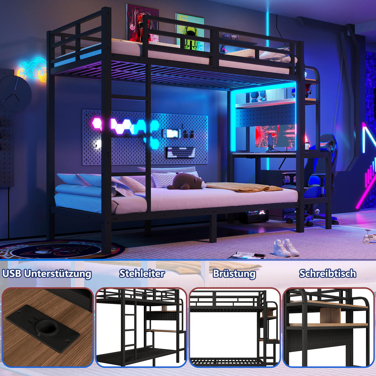 ETAGENBETT 90/200 cm in Schwarz mit Schreibtisch, Ablage, LED und USB - Schwarz, Holzwerkstoff/Metall (90/200cm) - STILVORA