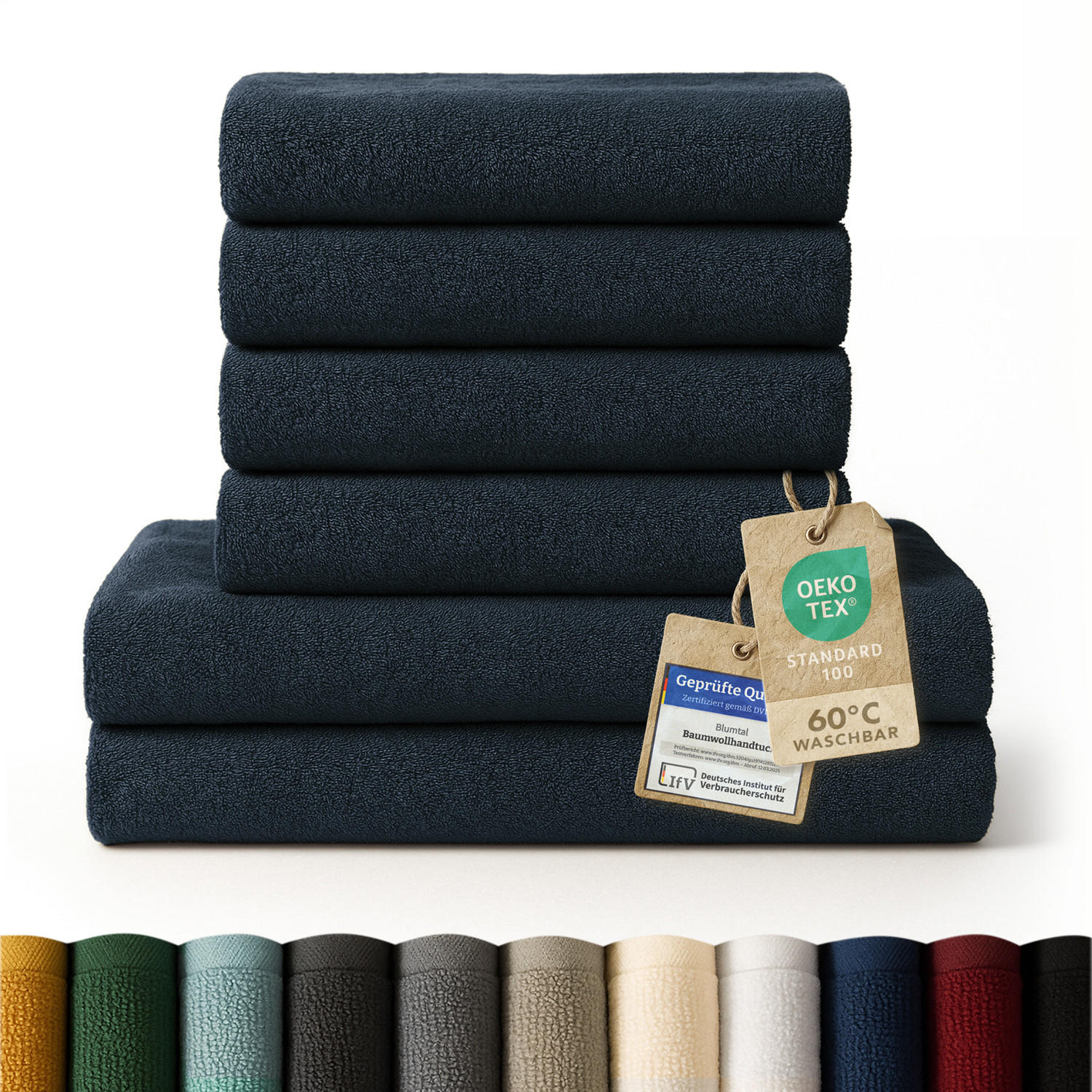 BADETUCH 6-teilig, 2x Badetuch 70/140 + 4x Handtuch 50/100 cm, Dunkelblau - Dunkelblau, Textil (70/140cm) - Blumtal