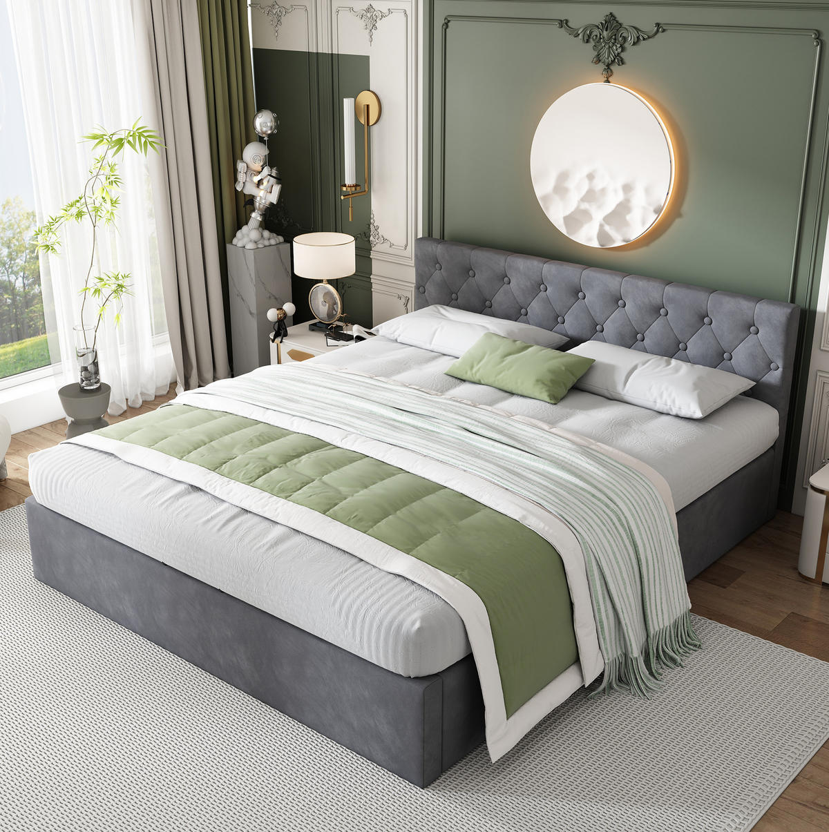 ČALOUNĚNÁ postel 140/200 cm šedá ze sametu s úložným prostorem a lamelovým roštem - šedá, textil (140/200cm) - OKWISH