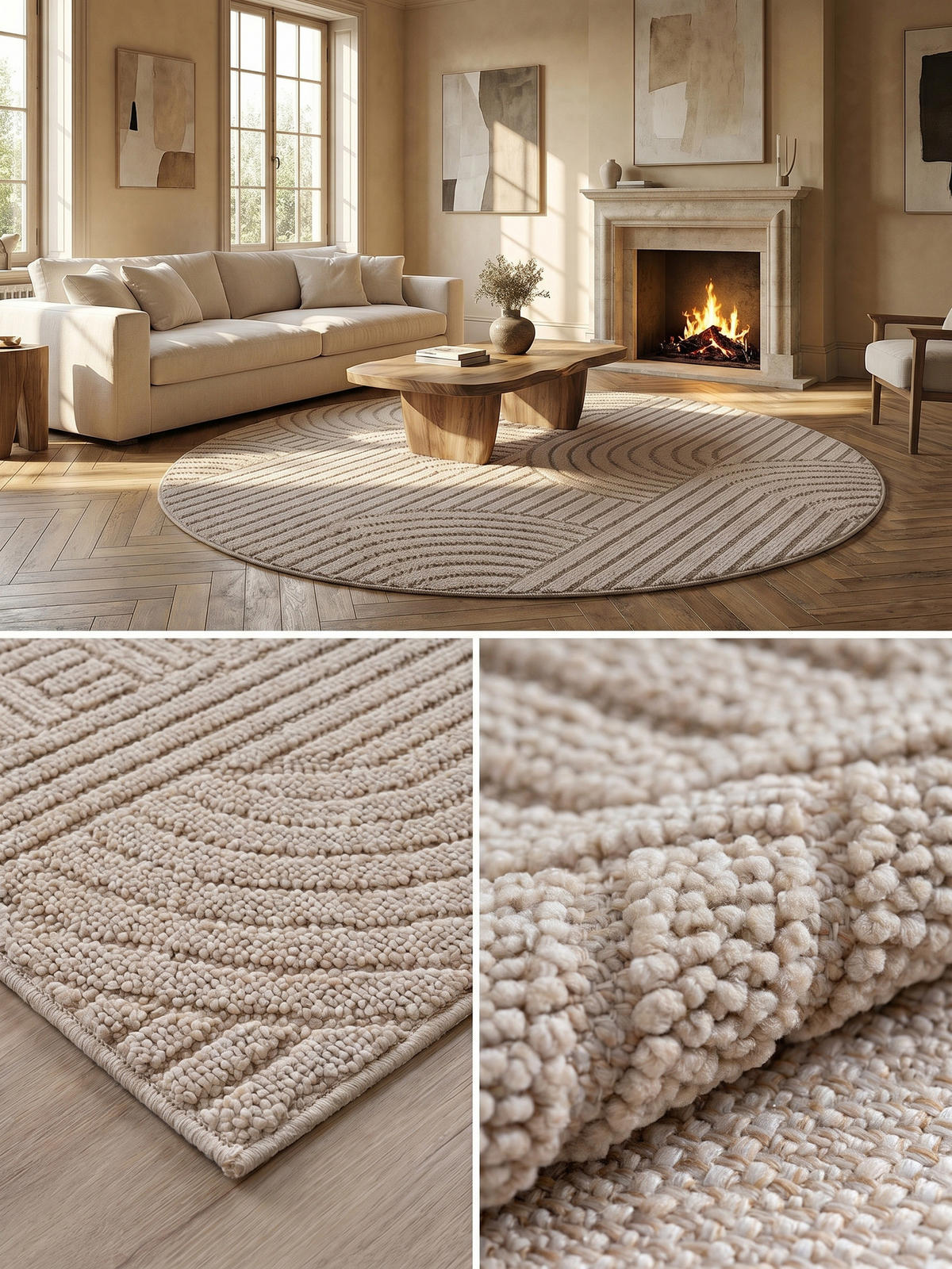 TEPPICH Flachgewebe LANGAU in Beige, mit geometrischen Bögen, Ø 80 cm - Beige, Textil (80/80cm) - KADIMA DESIGN