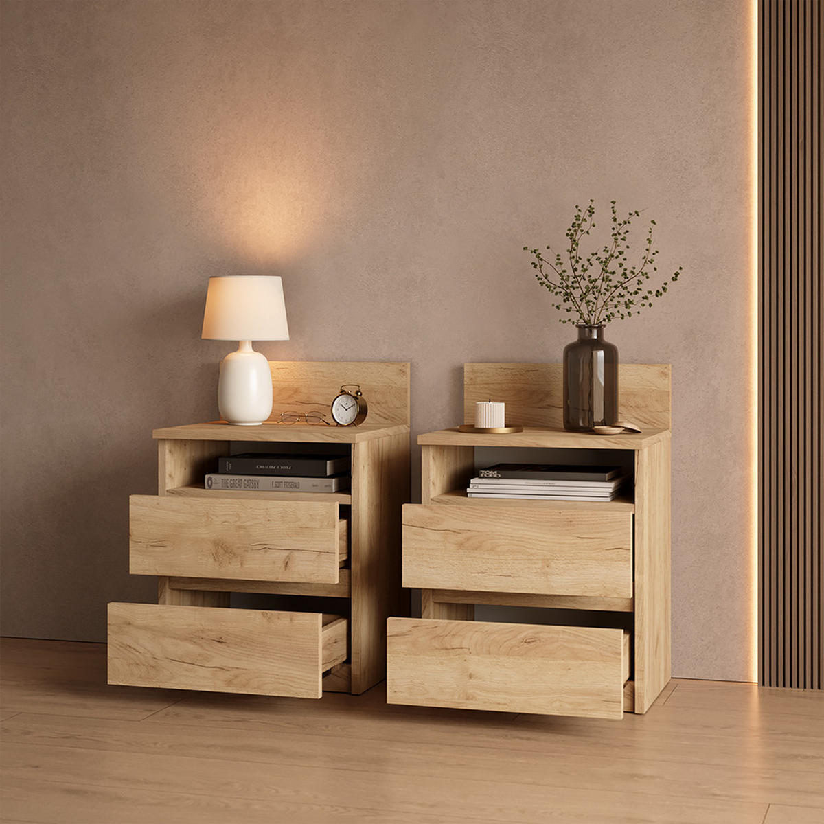 NACHTTISCH Roya, Goldkraft Eiche, 2er Set - Honigeiche, Holzwerkstoff (39.6/59.1/32.3cm) - Livinity®