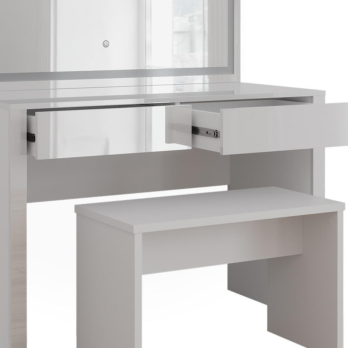 SCHMINKTISCH Annabelle Weiß Hochglanz/Weiß 110 cm mit LED-Spiegel und Bank - Weiß Hochglanz/Weiß, Holzwerkstoff (110/75.5/50cm) - Vicco