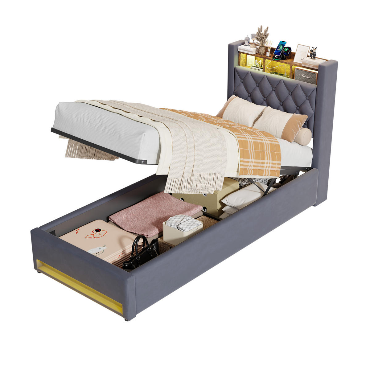 POLSTERBETT 90/190 cm Grau mit LED-Lichtleiste und USB-Anschlüssen - Grau, Holzwerkstoff (90/190cm) - OKWISH