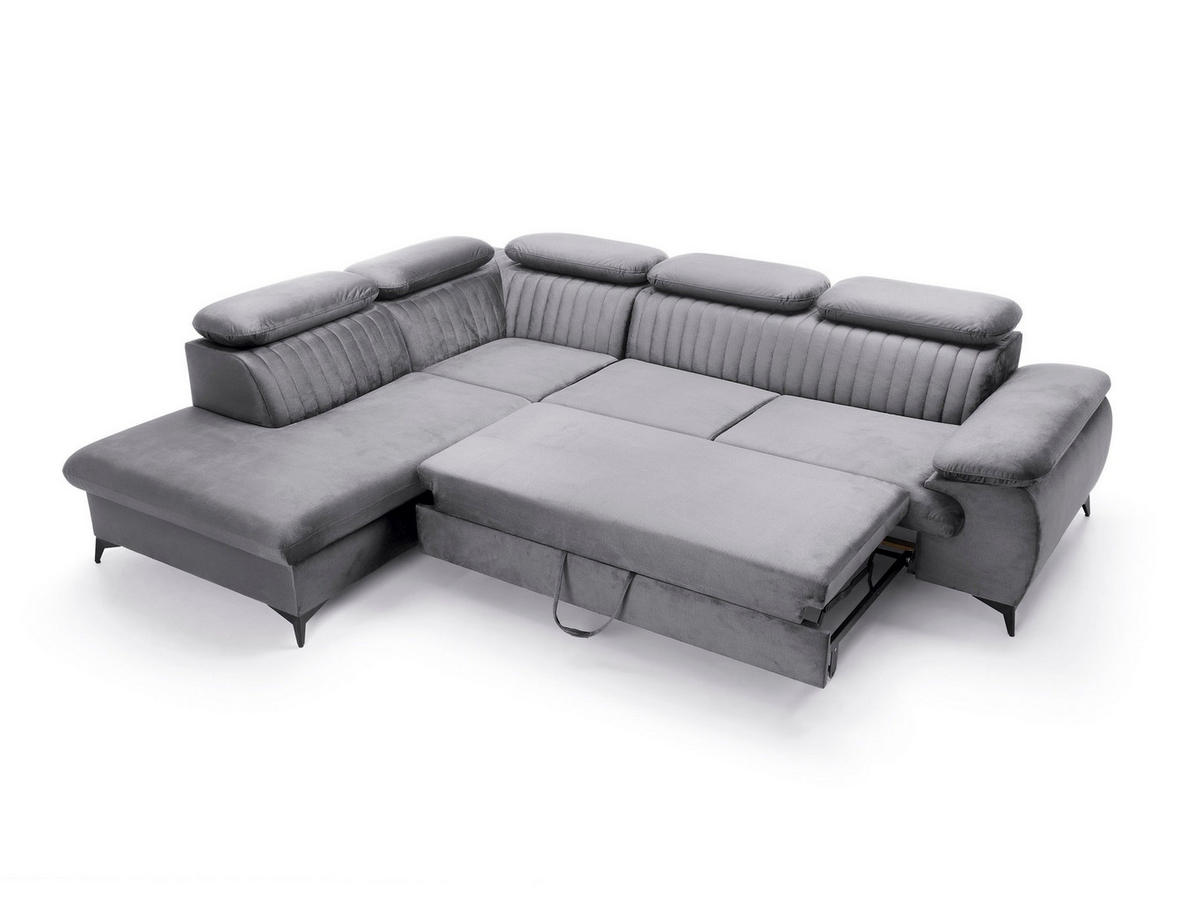 ECKSOFA FIORE Grau Velours-Stoff mit Schlaffunktion - Grau, Holz (275/221cm) - MASSENO