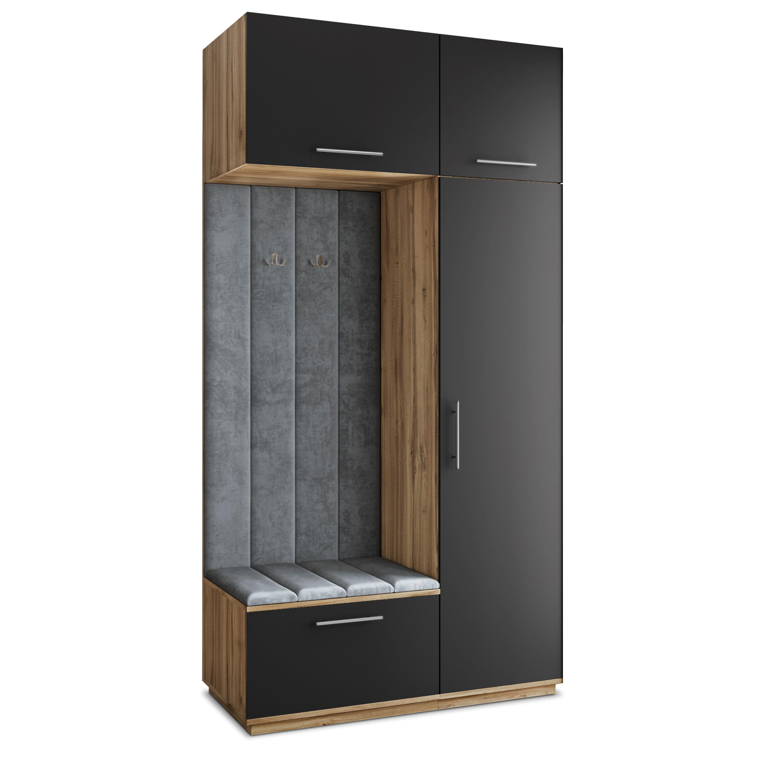 Masseno Garderobenschrank Eiche Wotan, Schwarz, Grau 120x240x60 cm