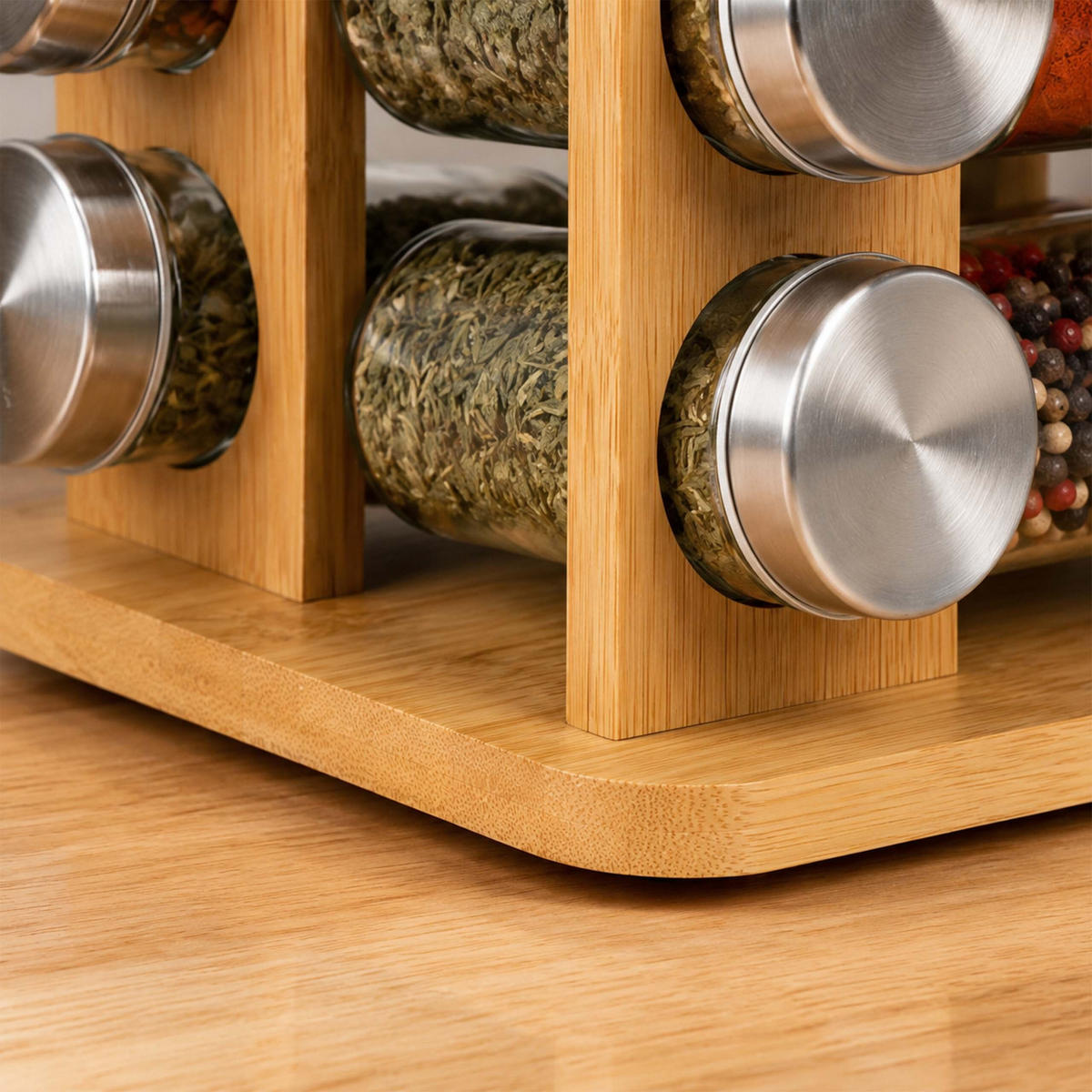 GEWÜRZKARUSSELL Natur Bambus 12er-Set - Multicolor, Glas/Holz (17/21/17cm) - Relaxdays