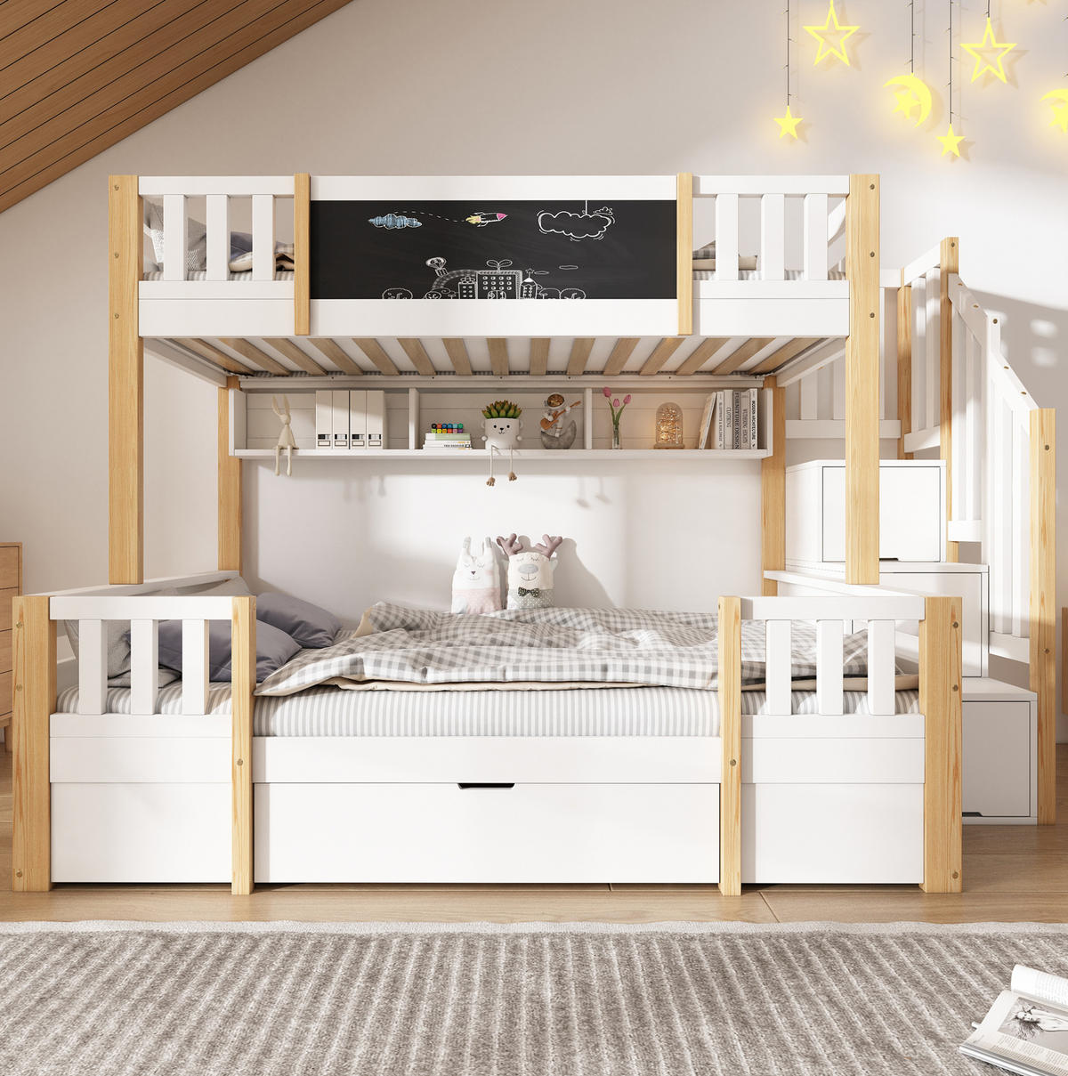 ETAGENBETT 90/200 & 140/200 cm aus Massivholz, MDF und Metall mit Kreidetafel und Stauraumtreppe Weiß/Natur - Naturfarben, Holz (90/200cm) - Modenvie