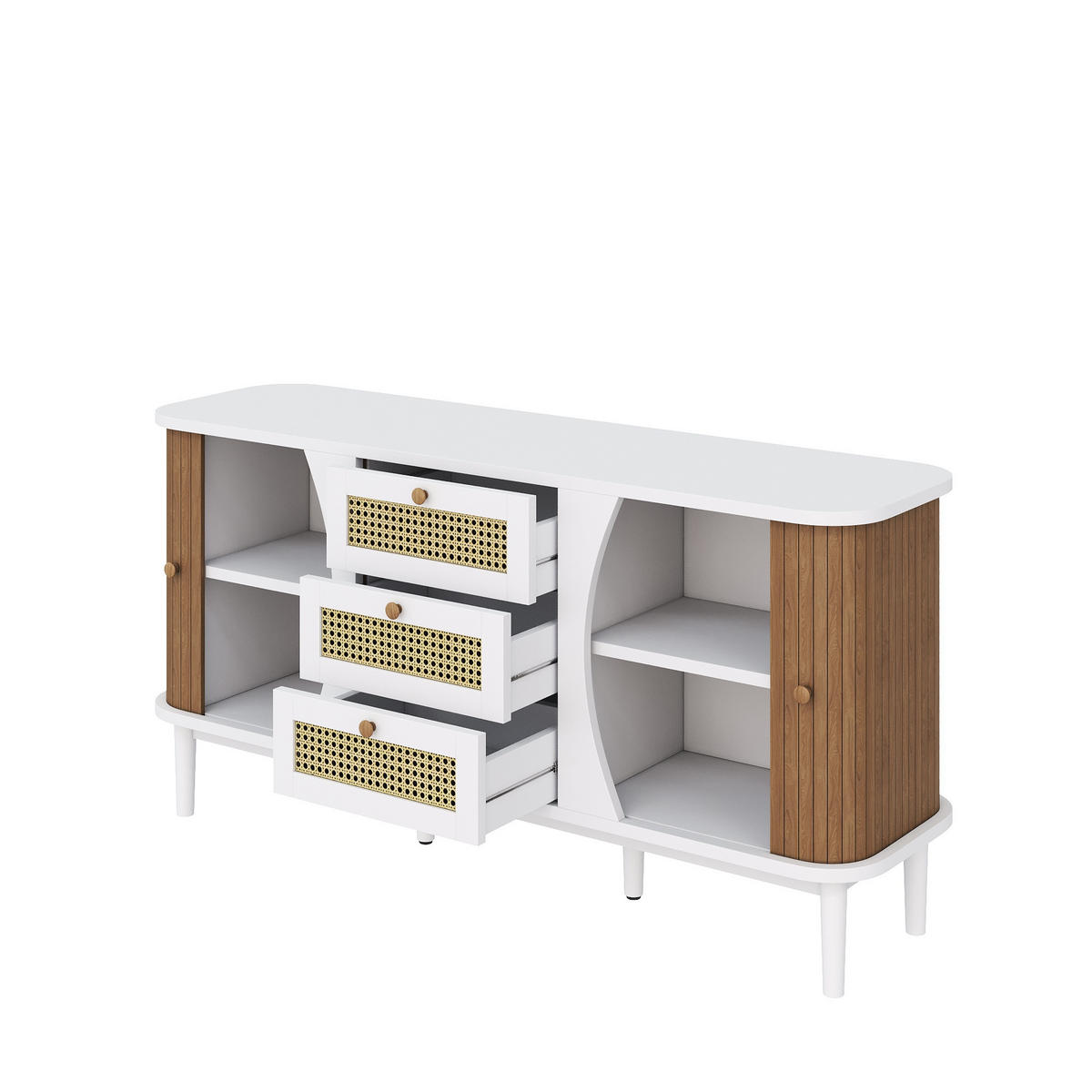 SIDEBOARD 140,5/40/76 cm mit 2 Türen & 3 Rattanschubladen in Weiß/Holzfarbe - Weiß, Holzwerkstoff (140.5/76/40cm) - BEAOK
