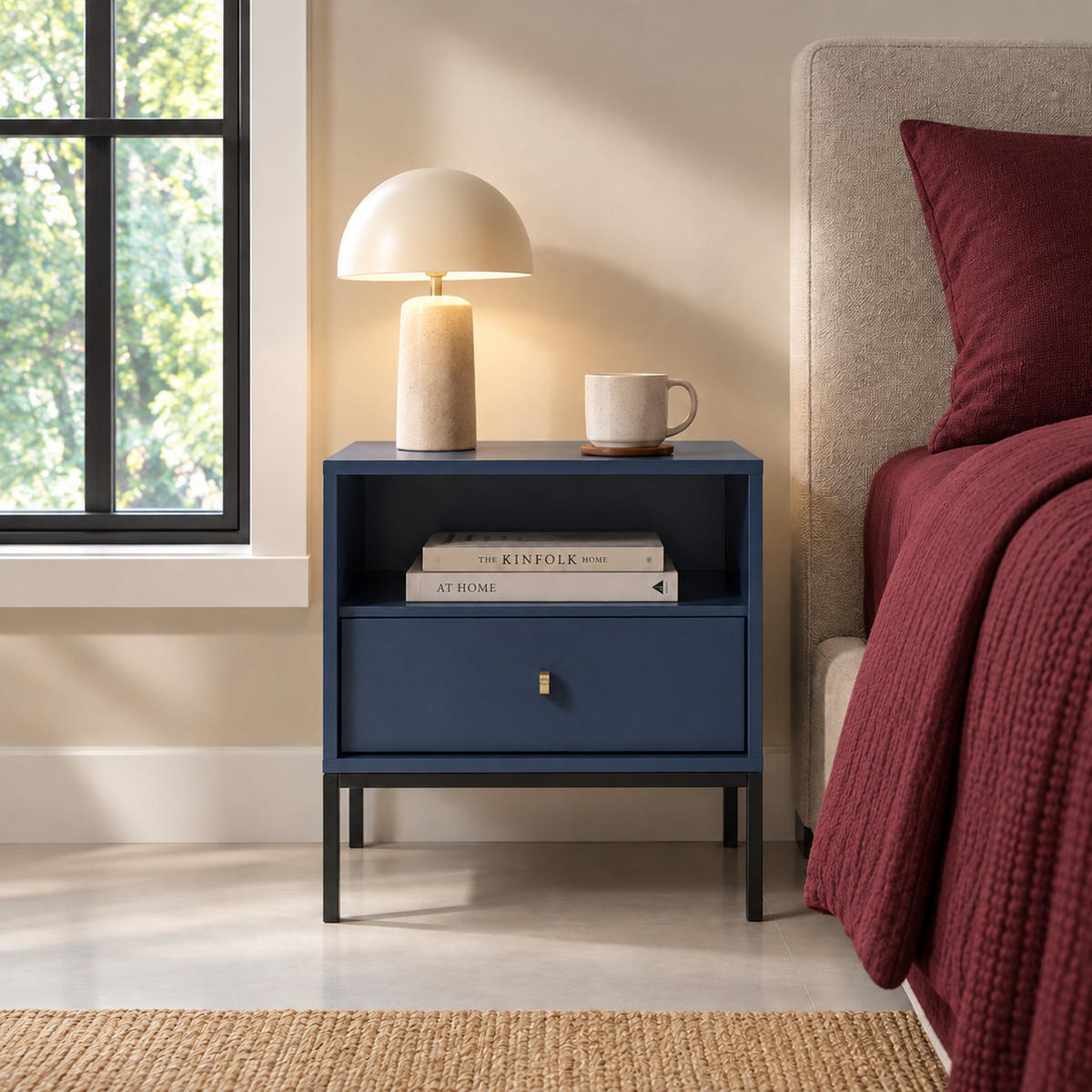 NACHTTISCH BARI SN1SZ (Blau, Goldene Griffe, Schwarzes Gestell, Schublade) - Goldfarben/Schwarz, Holz/Holzwerkstoff (54/56/39cm) - Ravio