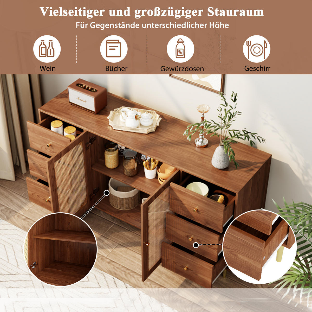 KOMODA 160/40/90 cm z MDF v dekoru dřeva, s ratanovými dvířky a zásuvkami - barva dubu, kompozitní dřevo (160/90/40cm) - BEAOK