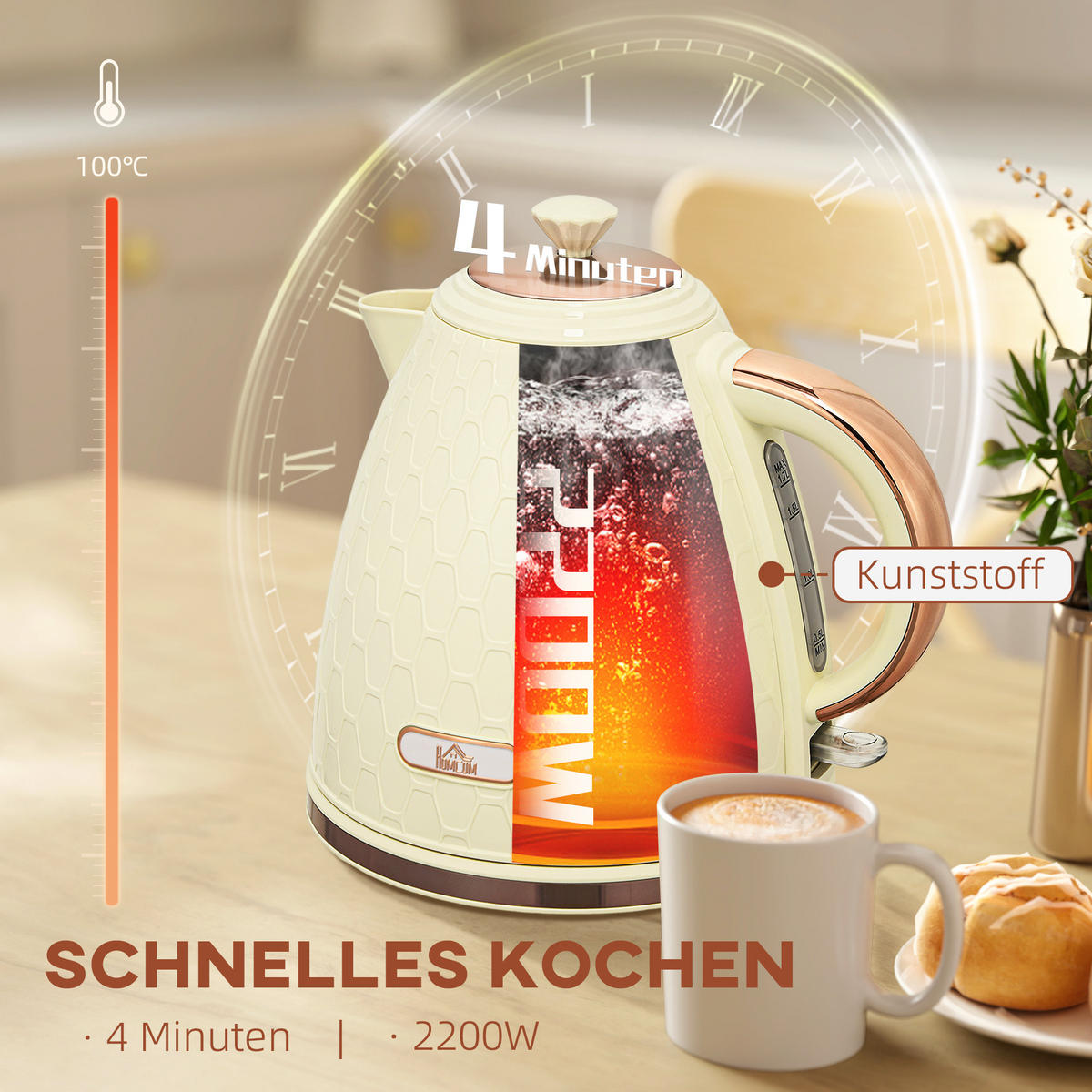 WASSERKOCHER DE-07915 2200W, 1,7L mit Sichtfenster Beige - Beige, Kunststoff (19.5/23.4/24.2cm) - ComfortXL