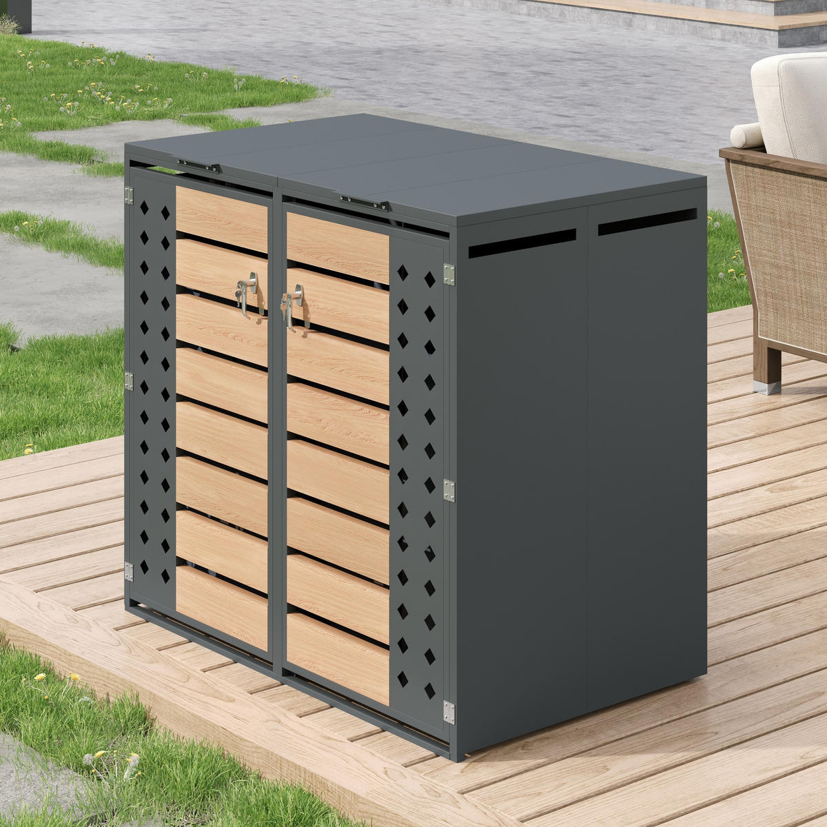 MÜLLTONNENBOX Klappdeckel 2 Türen Holzoptik - Grau, Metall (132/118.5/80cm) - LEBENLANG