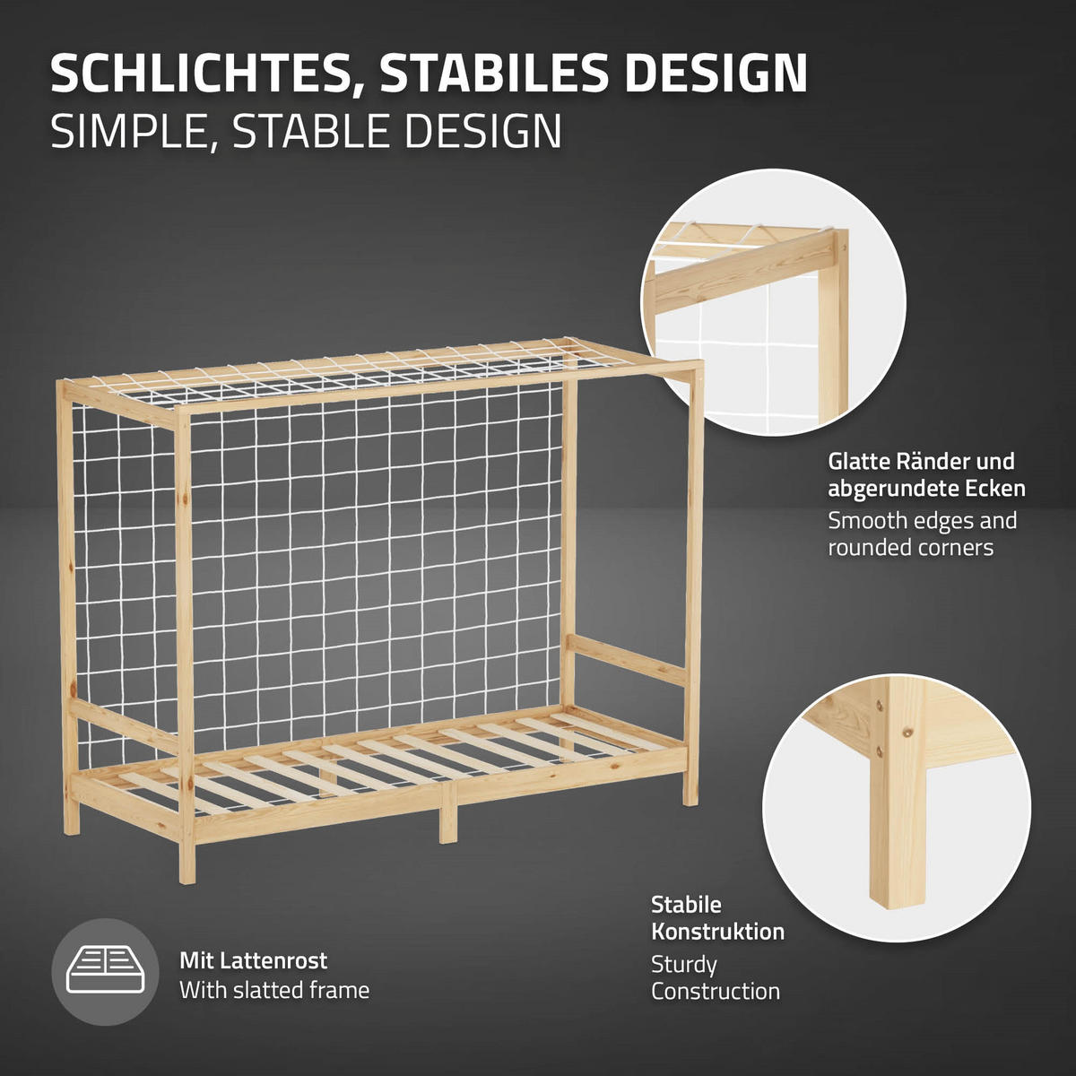 KINDERBETT Fußballtor 70x140 cm mit Matratze H:16 cm Natur Kiefernholz - Naturfarben, Holz (90/200cm) - ML-DESIGN
