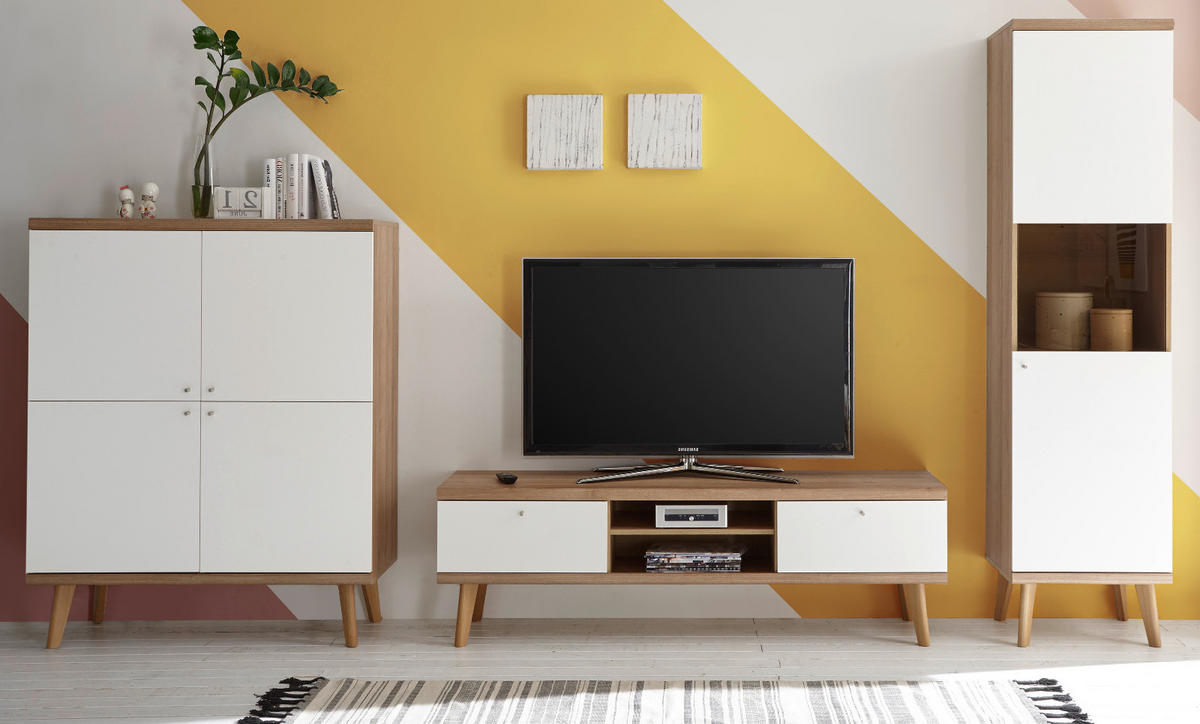 WOHNWAND weiß Eiche Riviera, Schrankwand skandinavisch 3-teilig 337 x 197 cm - Eichefarben/Weiß, Holzwerkstoff/Metall (337/197/40cm) - Furn.Design