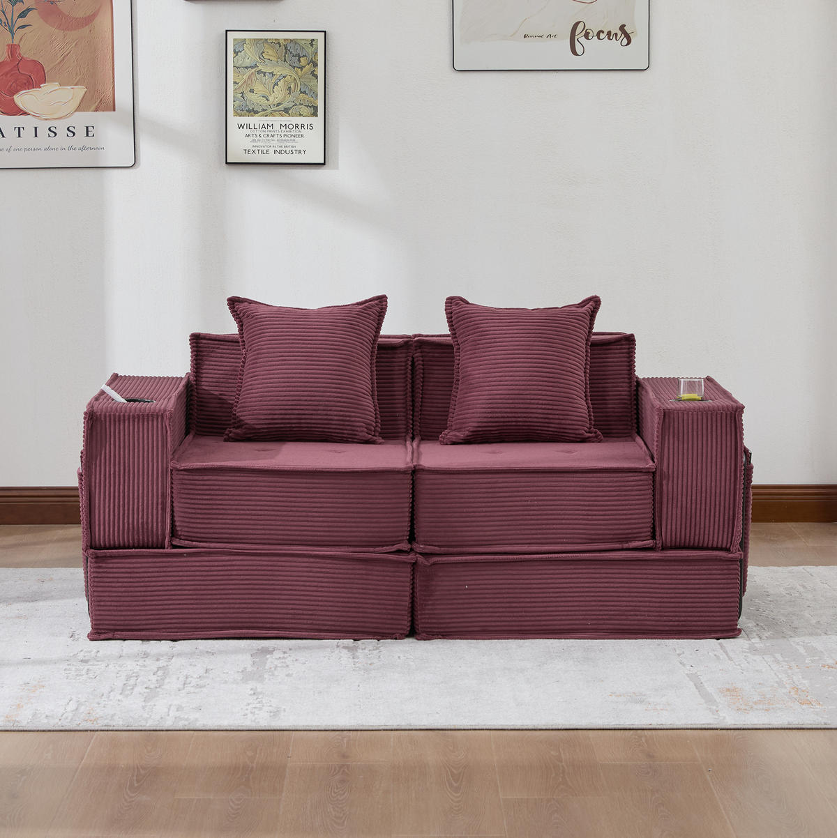 2-SITZER-SOFA aus Cord 78x162x66 cm Weinrot mit Seitentaschen, 2 Kissen und modularer Aufstellung - Rot, Textil (162/66/78cm) - Modfu
