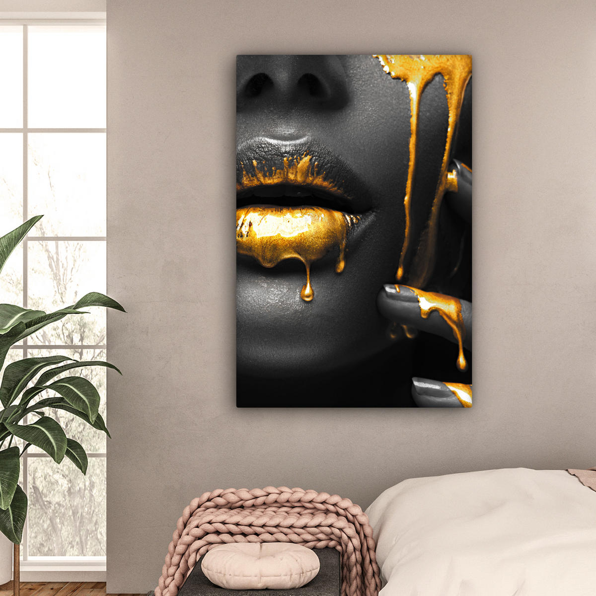 LEINWANDBILD Frau - Schwarz - Gold - Gesicht - Lippen Deko XXL 80x120 cm - Goldfarben, Textil (80/120cm) - MuchoWow